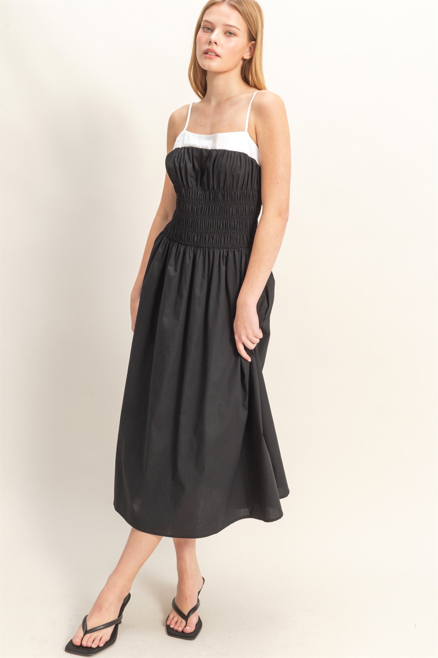 Wholesale Smocked Strapped Midi Dress Dresses HF26A624 BLACK HYFVE