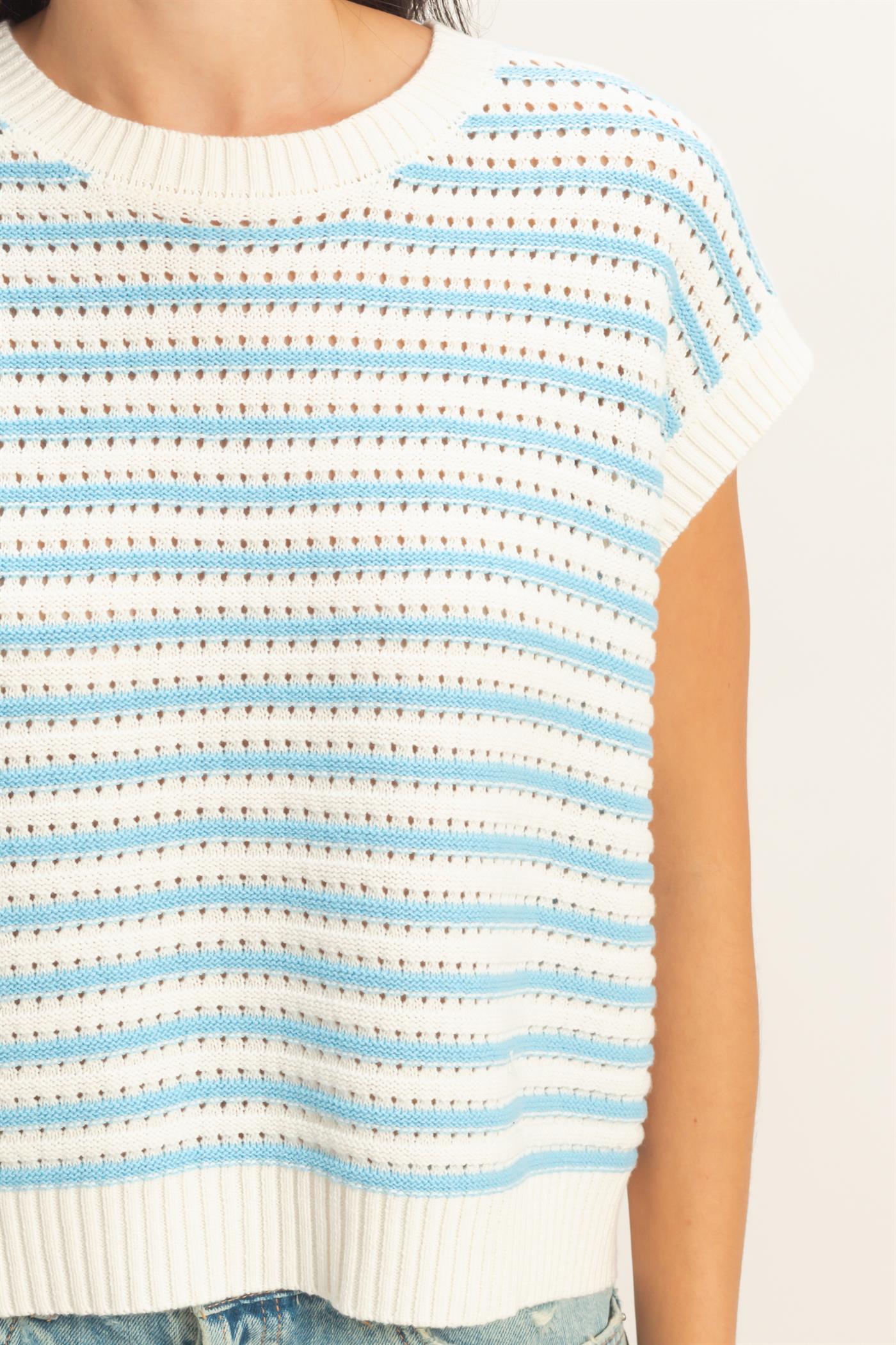 Wholesale Striped Sleeveless Crew Neck Top Sweaters DZ26A222 BLUE DOUBLE ZERO