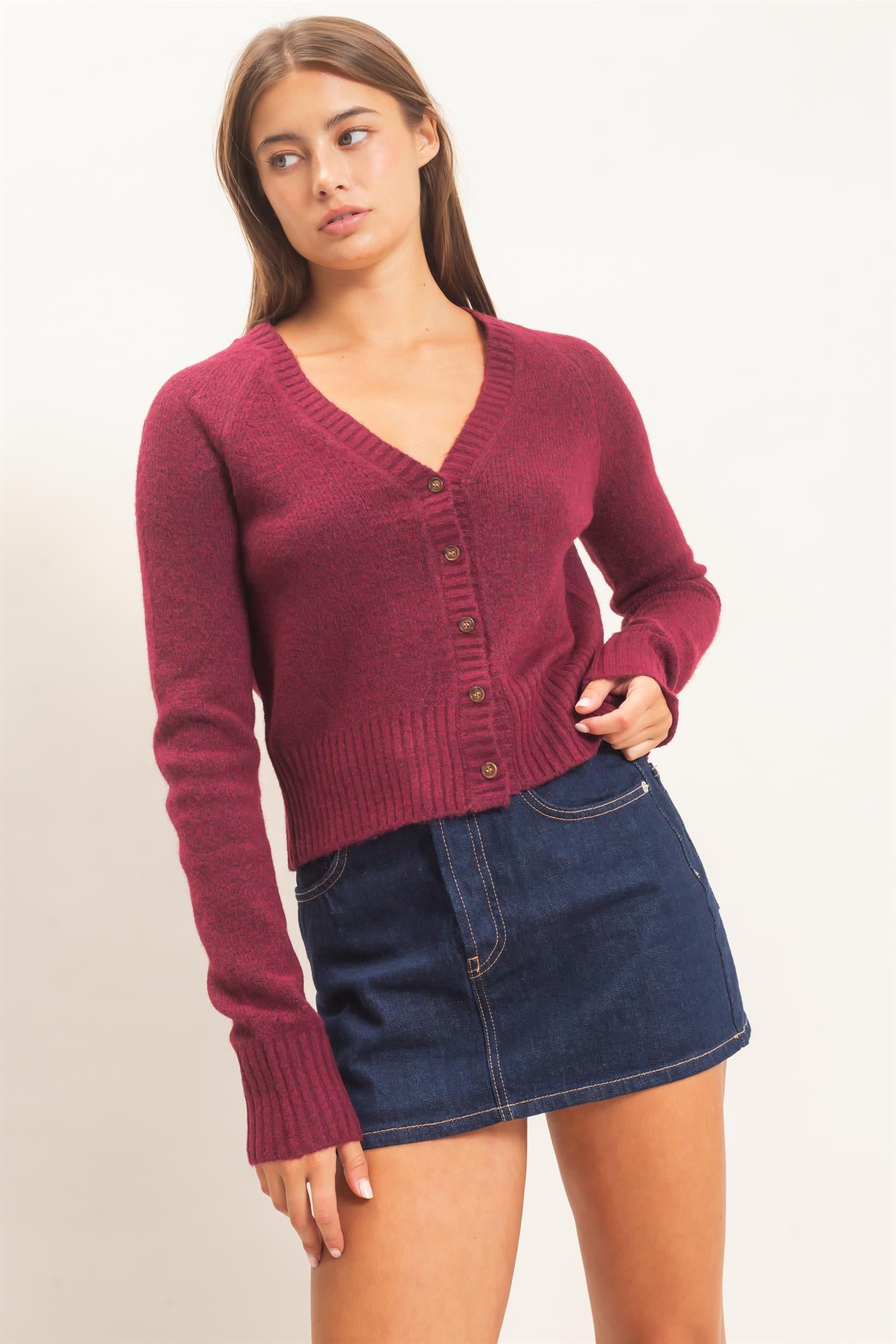 Wholesale V-Neck Cardigan Cardigans DZ26E326 DARK CHERRY DOUBLE ZERO