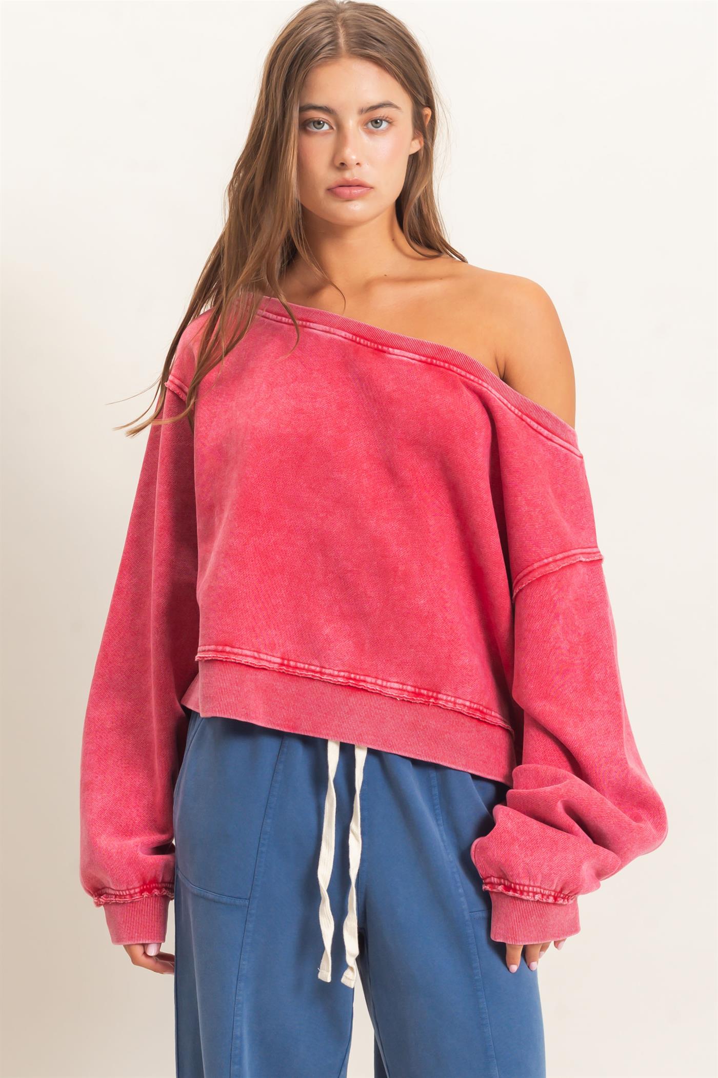 Wholesale Raw Edge Acid Wash Off The Shoulder Sweatshirt Sweatshirts DZ26F013 RED DOUBLE ZERO