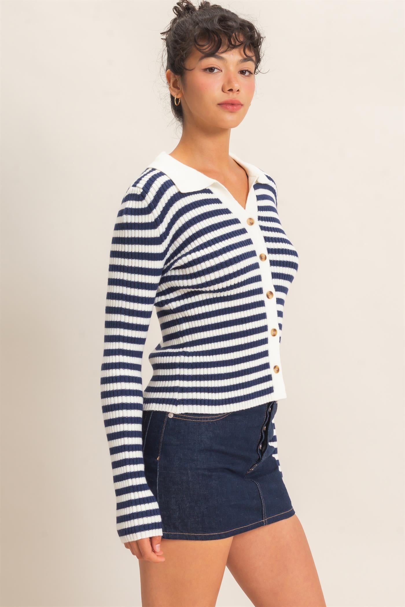 Wholesale Ribbed Striped Polo Knit Top Clothing Tops DZ26E099 NAVY DOUBLE ZERO