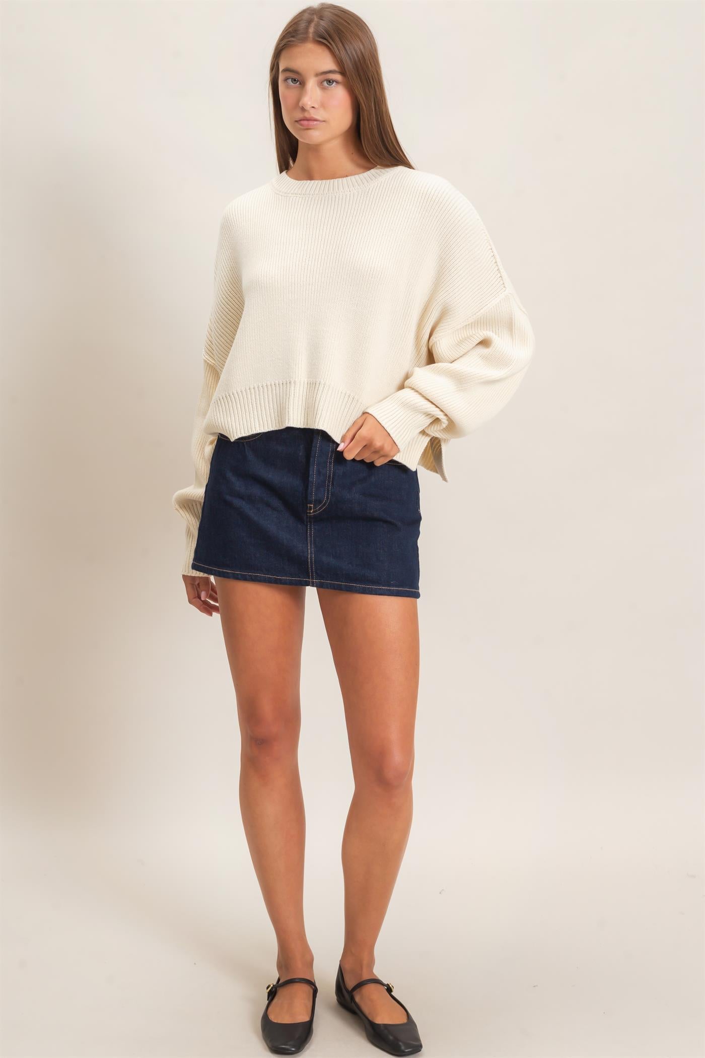 Wholesale Ribbed Drop Shoulder Sweater Sweaters DZ26C982 CREAM DOUBLE ZERO