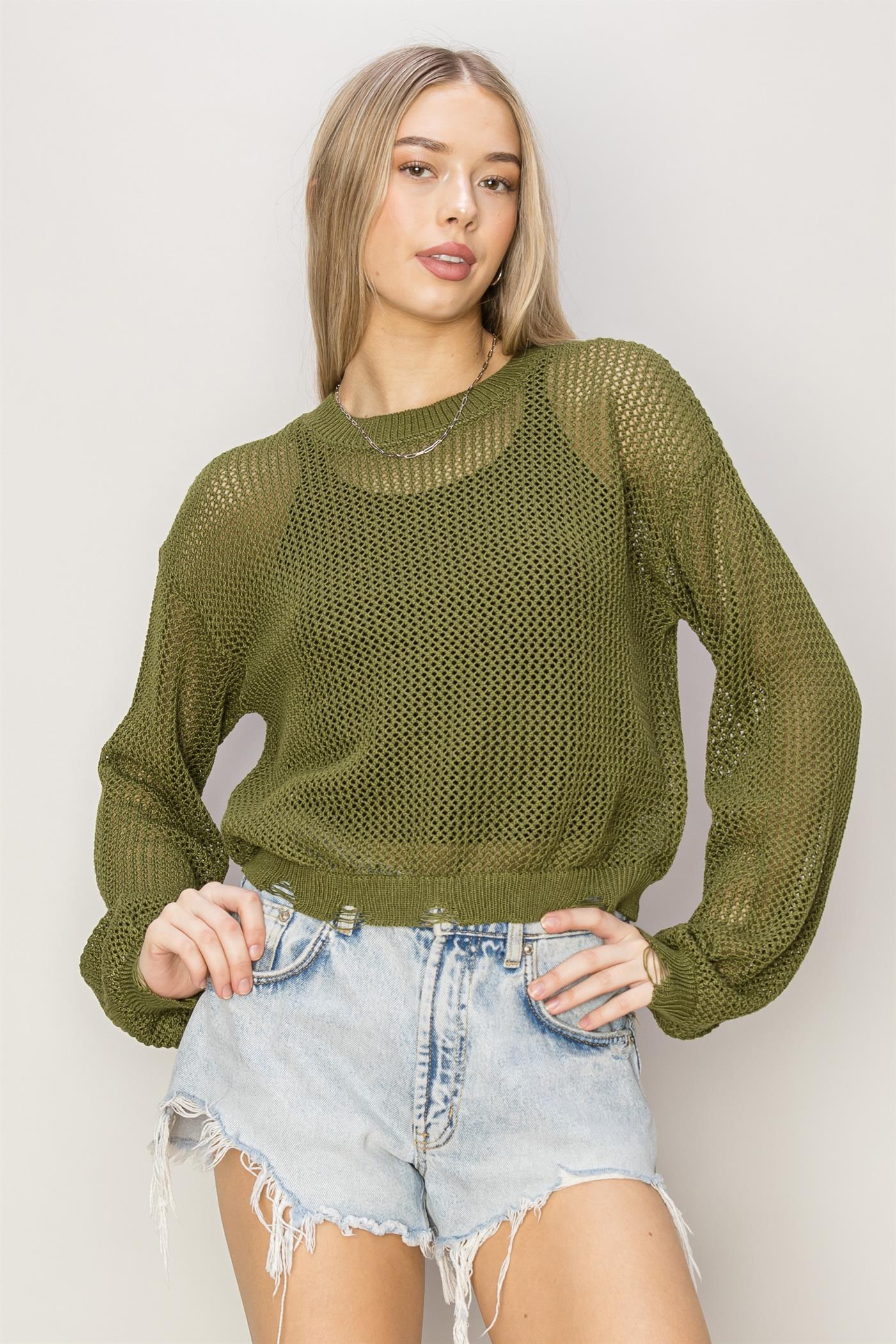 Wholesale Distressed Knit Sweater Clothing Tops DZ24C038 MOSS DOUBLE ZERO