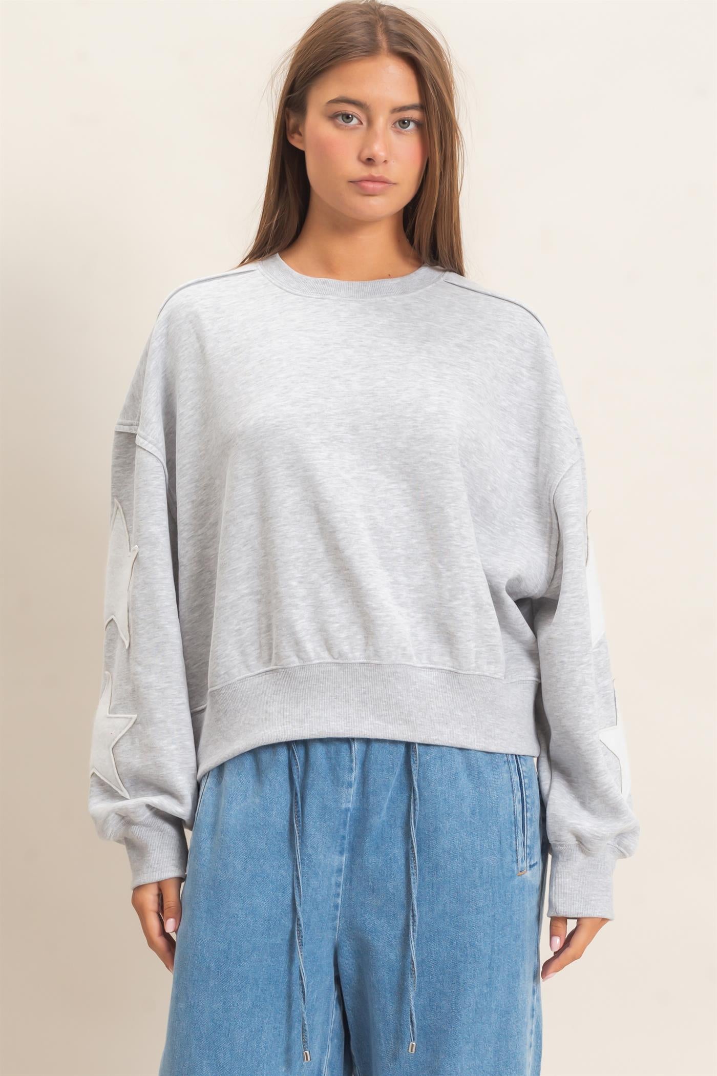Wholesale Star Patch Sleeve Sweatshirt Sweatshirts DZ26E888 HEATHER GRAY DOUBLE ZERO