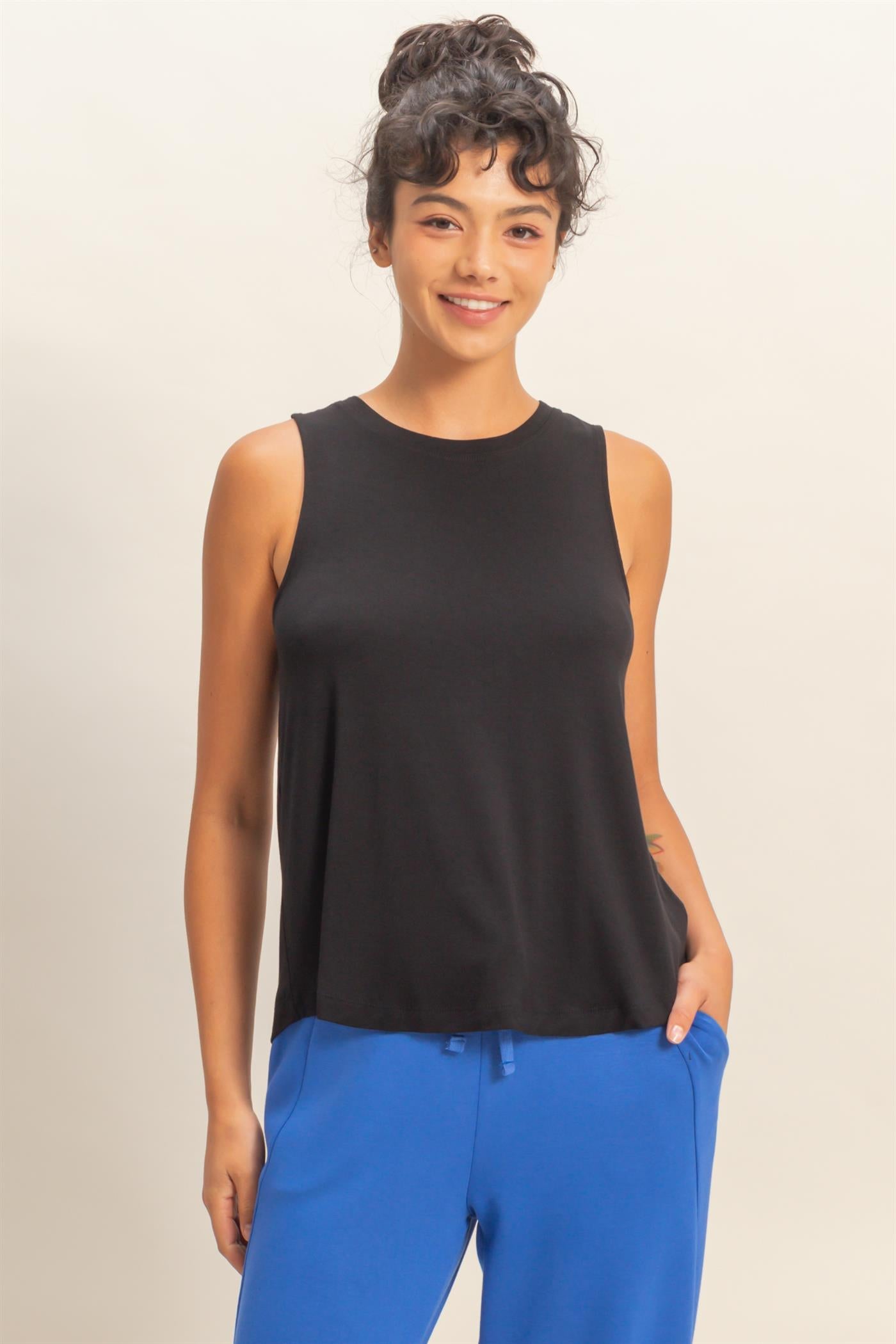 Wholesale Crew Neck Rayon Tank Top Tank Tops DZ26A332 BLACK DOUBLE ZERO