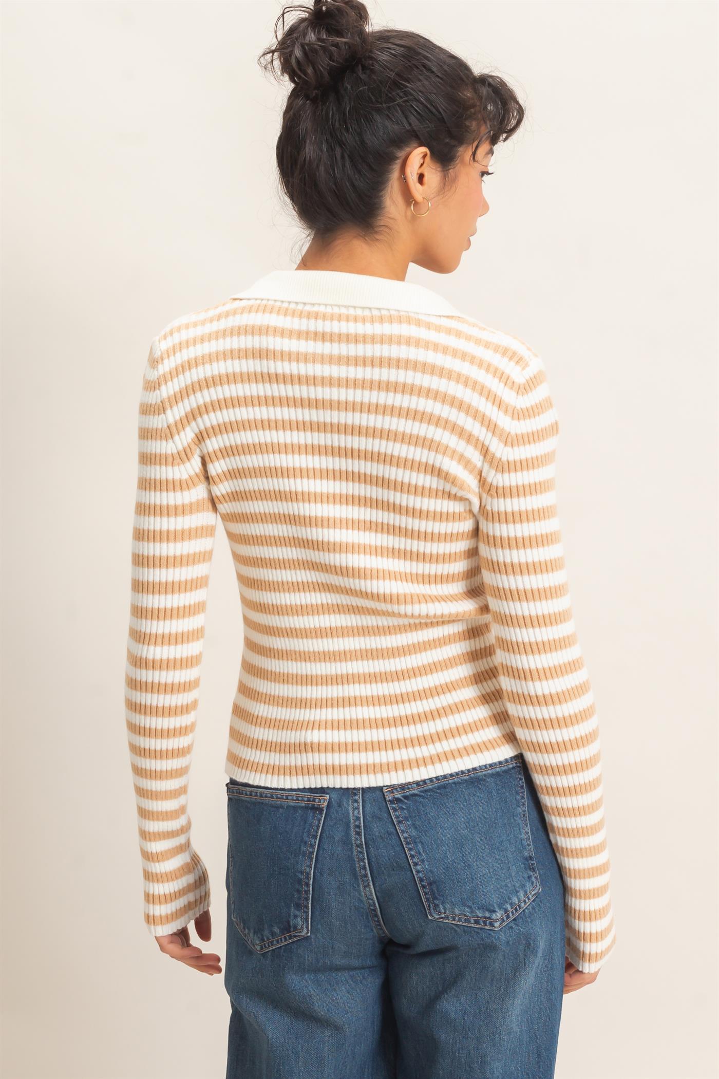 Wholesale Ribbed Striped Polo Knit Top Clothing Tops DZ26E099 TAUPE DOUBLE ZERO