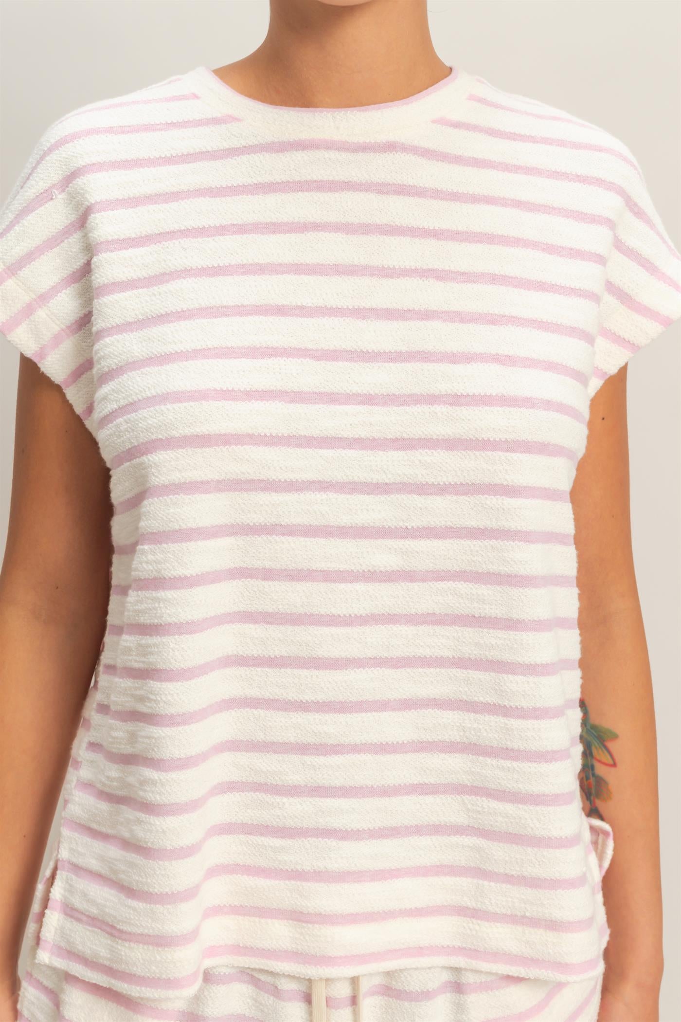 Wholesale Striped Round Neck Short Sleeve Top Clothing Tops DZ26A754 PINK DOUBLE ZERO