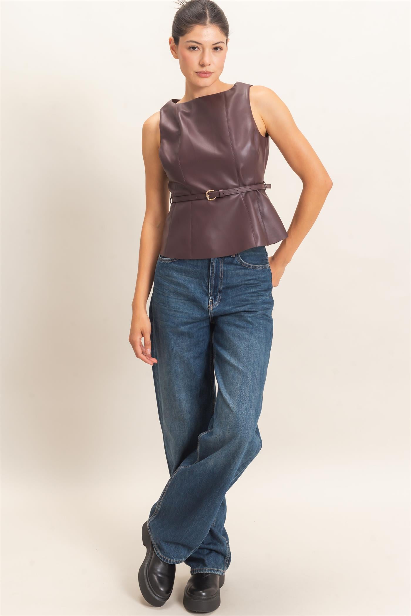 Wholesale Sleek Faux Leather Belted Top Clothing Tops HF26E543 DARK CHERRY HYFVE