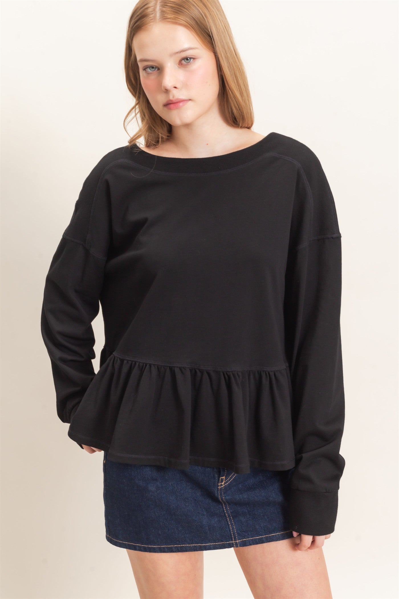 Wholesale Ruffled Hem Long Sleeve Top Clothing Tops HF26E065 BLACK HYFVE