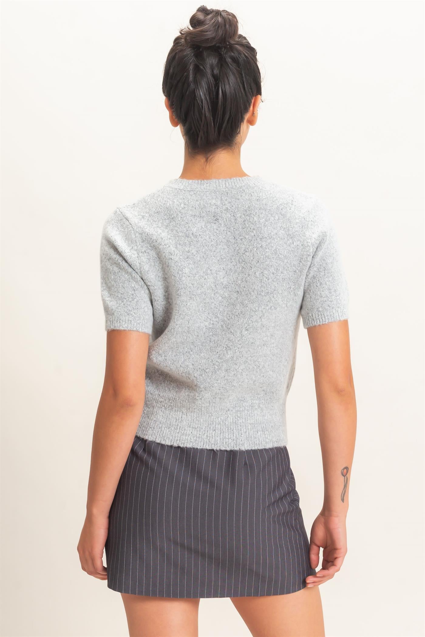 Wholesale Crew Neck Short Sleeve Knit Top Clothing Tops DZ26E944 HEATHER GRAY DOUBLE ZERO
