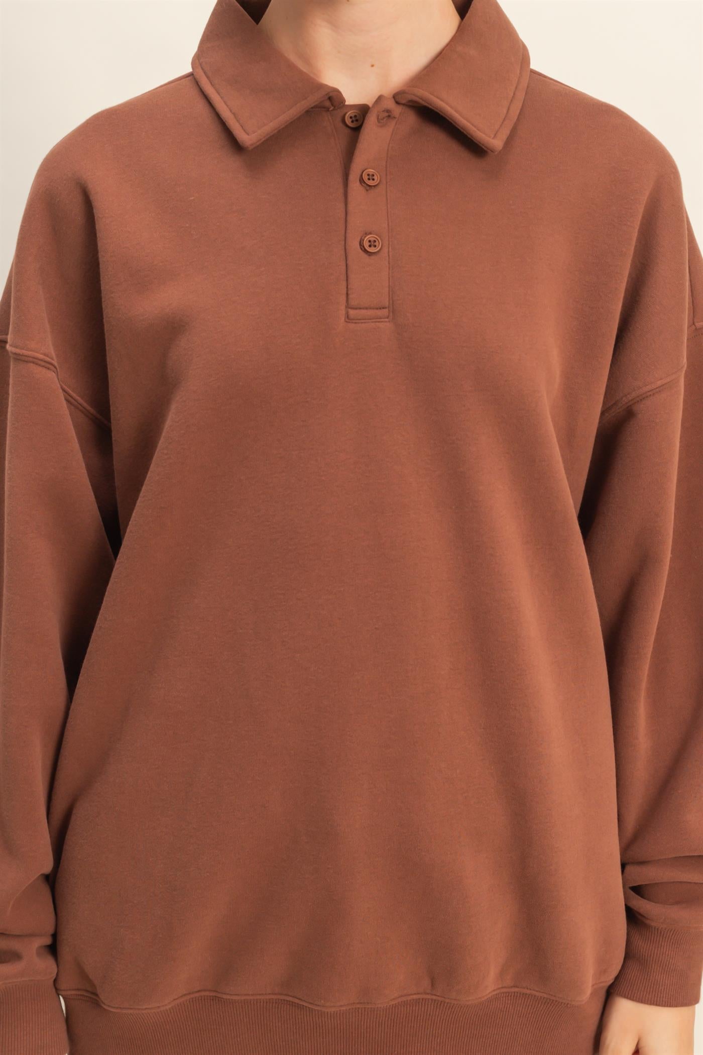 Wholesale Oversized Polo Collared Pullover Sweatshirts DZ25F074 CHESTNUT DOUBLE ZERO