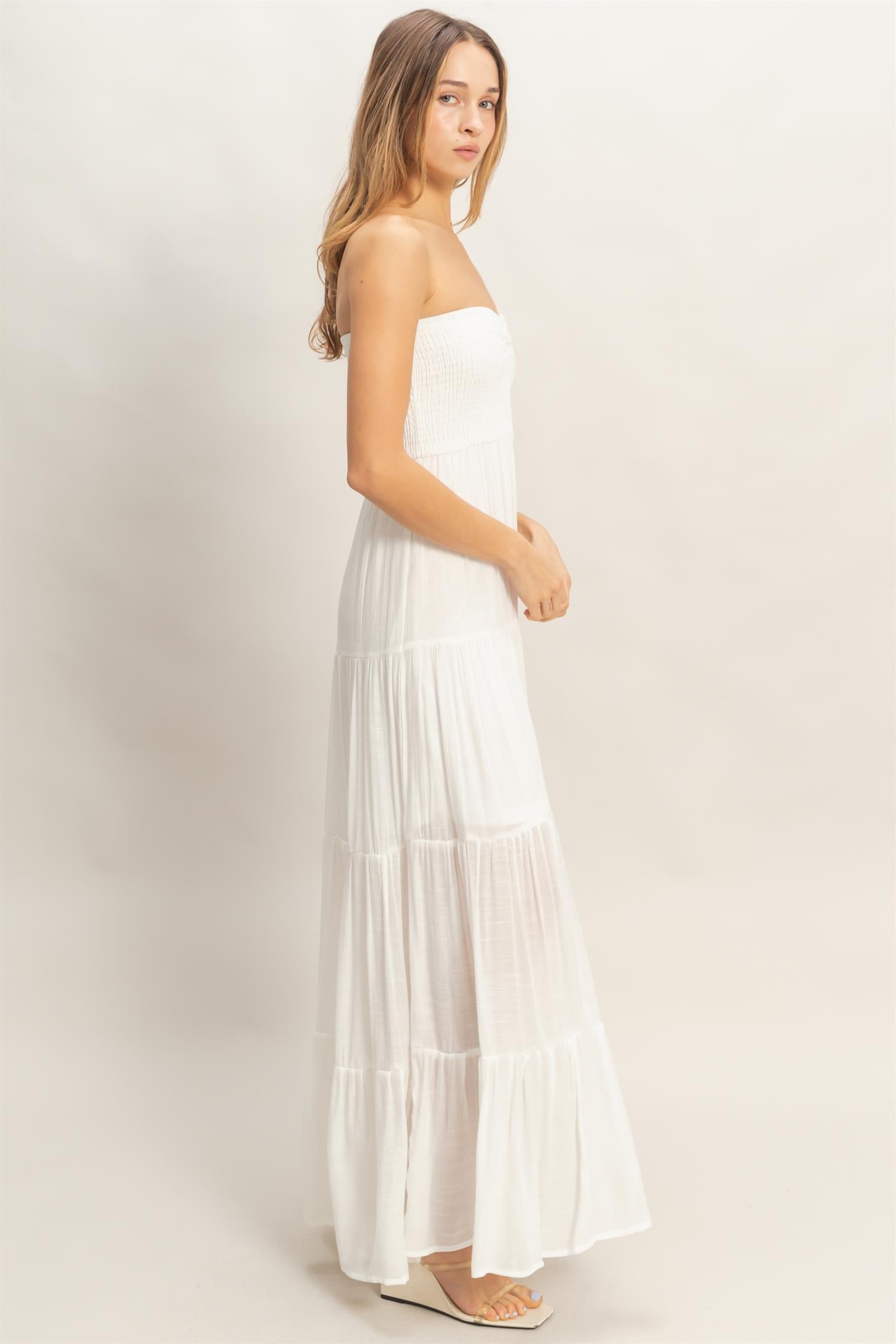 Wholesale Smocked Elastic Neck Maxi Dress Dresses HF26C284-D WHITE HYFVE