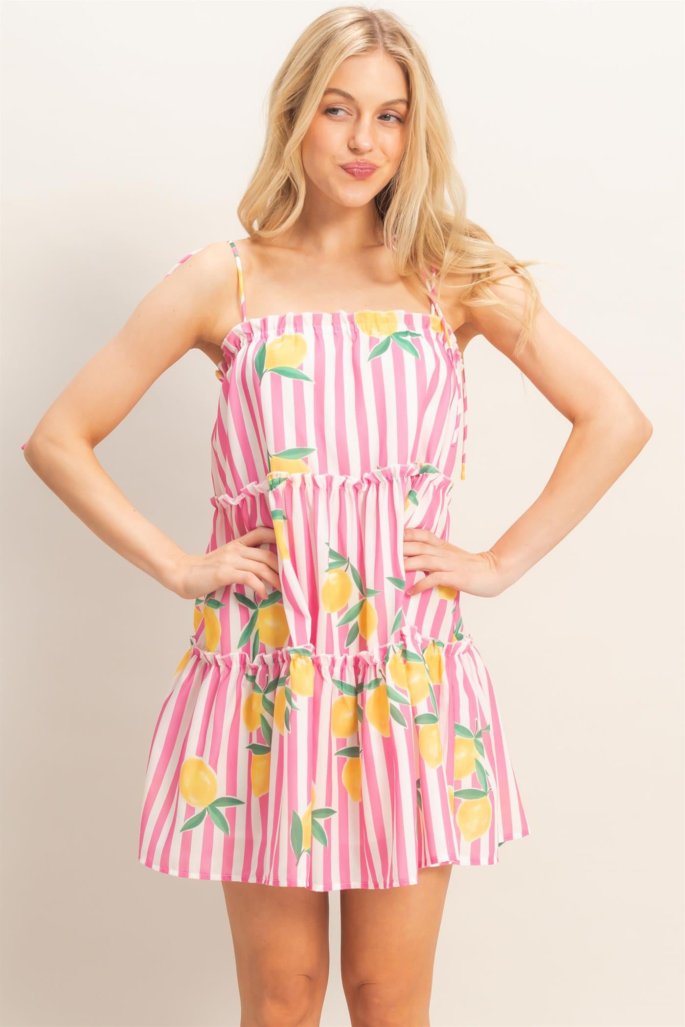 Wholesale Striped Tiered Mini Dress Dresses HF26C319 PINK HYFVE