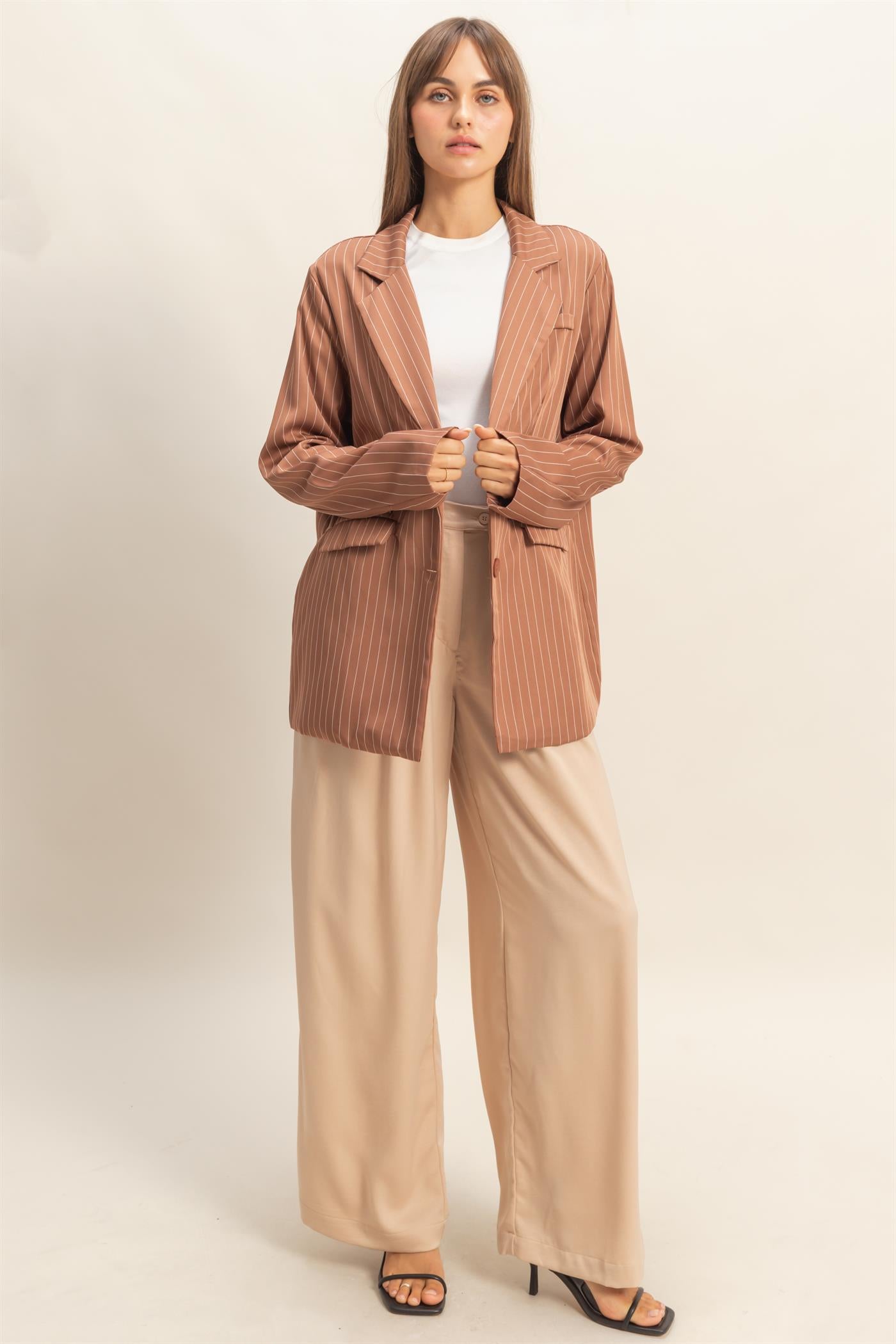 Wholesale Pin Stripe Oversized Blazer Coats & Jackets HF24A247 BROWN HYFVE