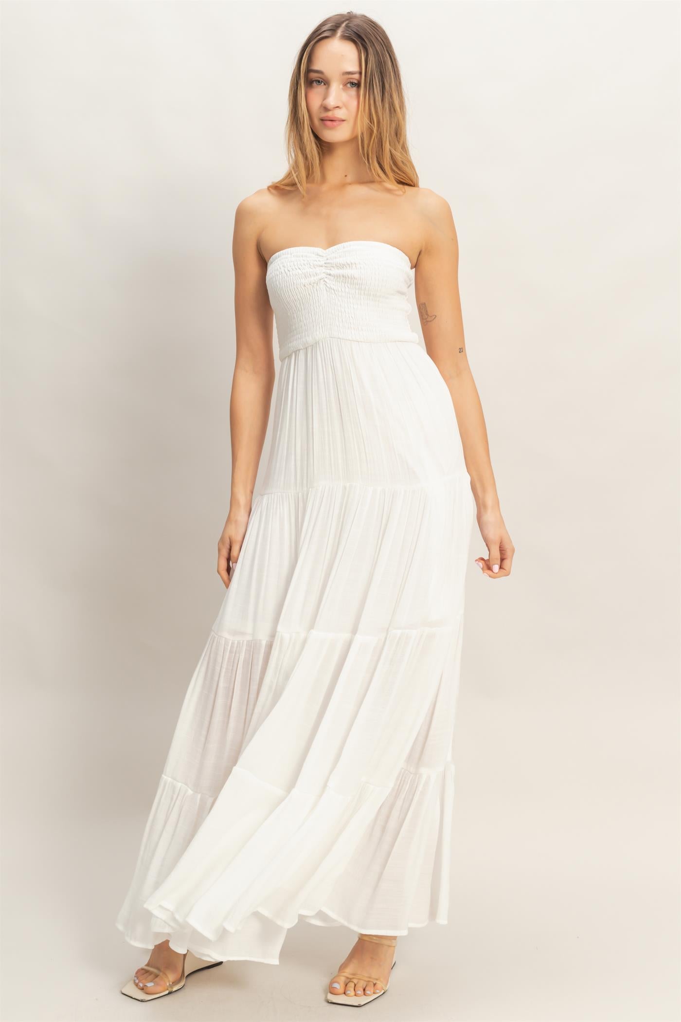 Wholesale Smocked Elastic Neck Maxi Dress Dresses HF26C284-D WHITE HYFVE