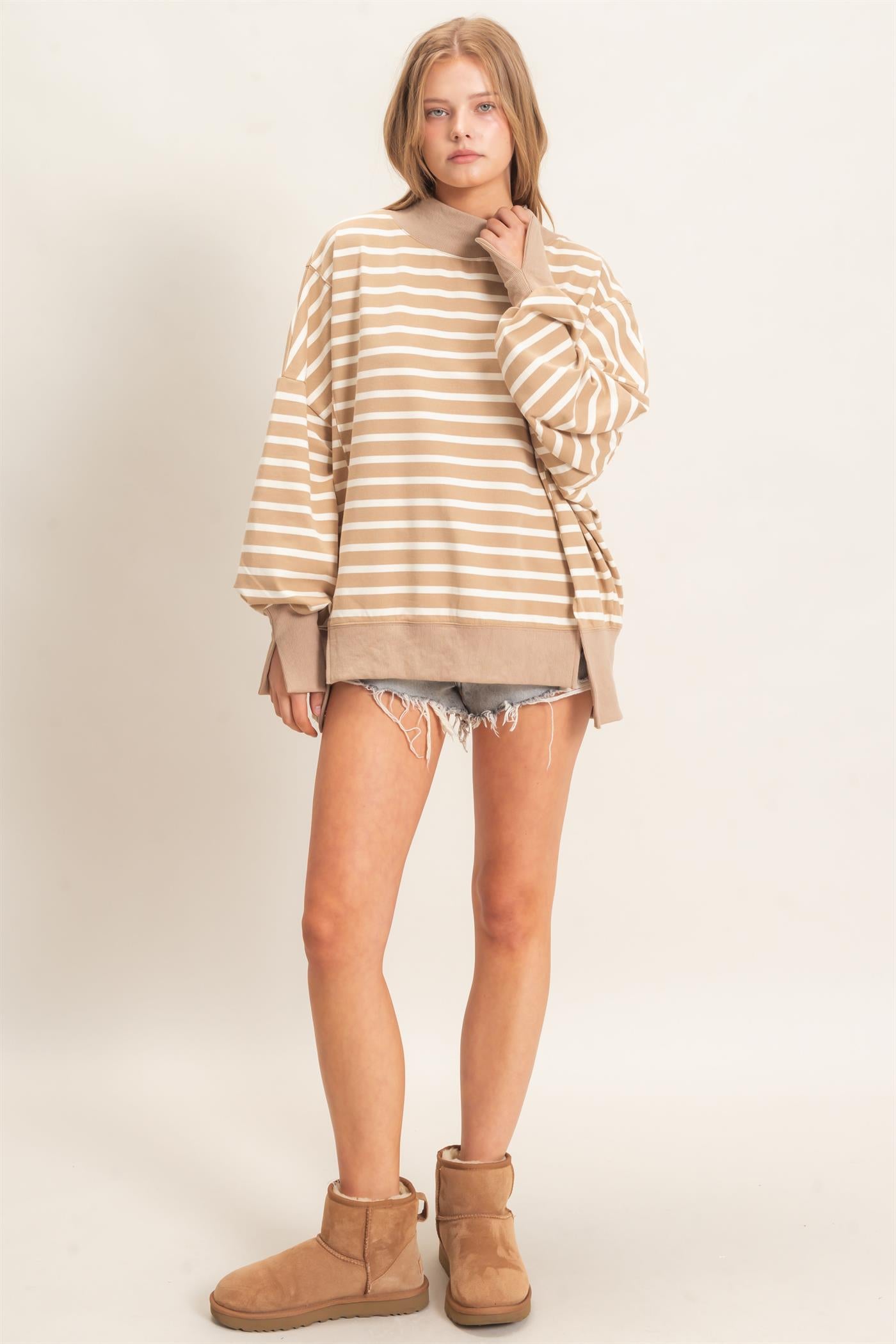 Wholesale Striped Mock Neck Sweatshirt Sweatshirts HF27A178-D TAUPE/CREAM HYFVE