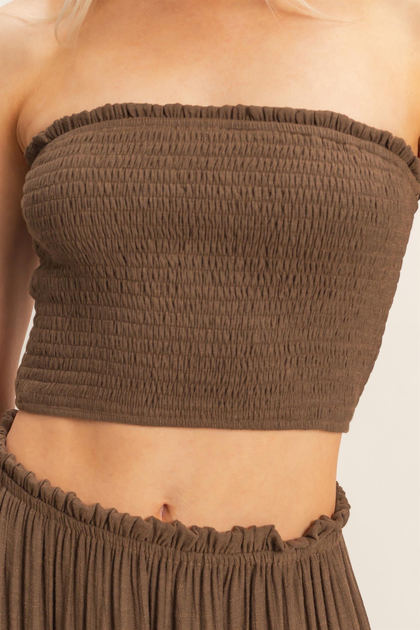 Wholesale Smocked Tube Top & Tiered Skirt Set Clothing HF26C289-SET-D CHOCOLATE HYFVE