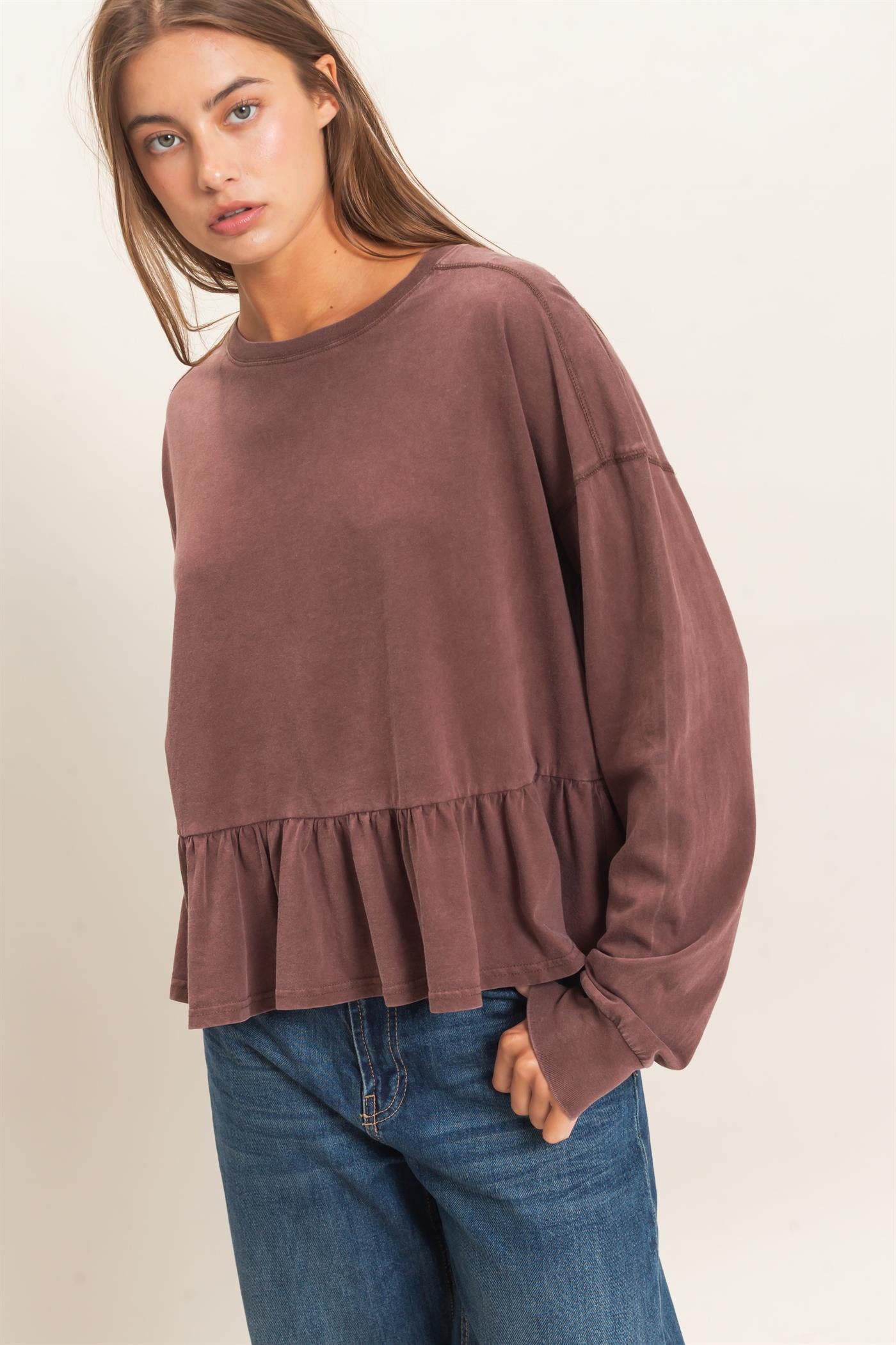 Wholesale Peplum Long Sleeve Top Clothing Tops DZ26F397 DARK BROWN DOUBLE ZERO