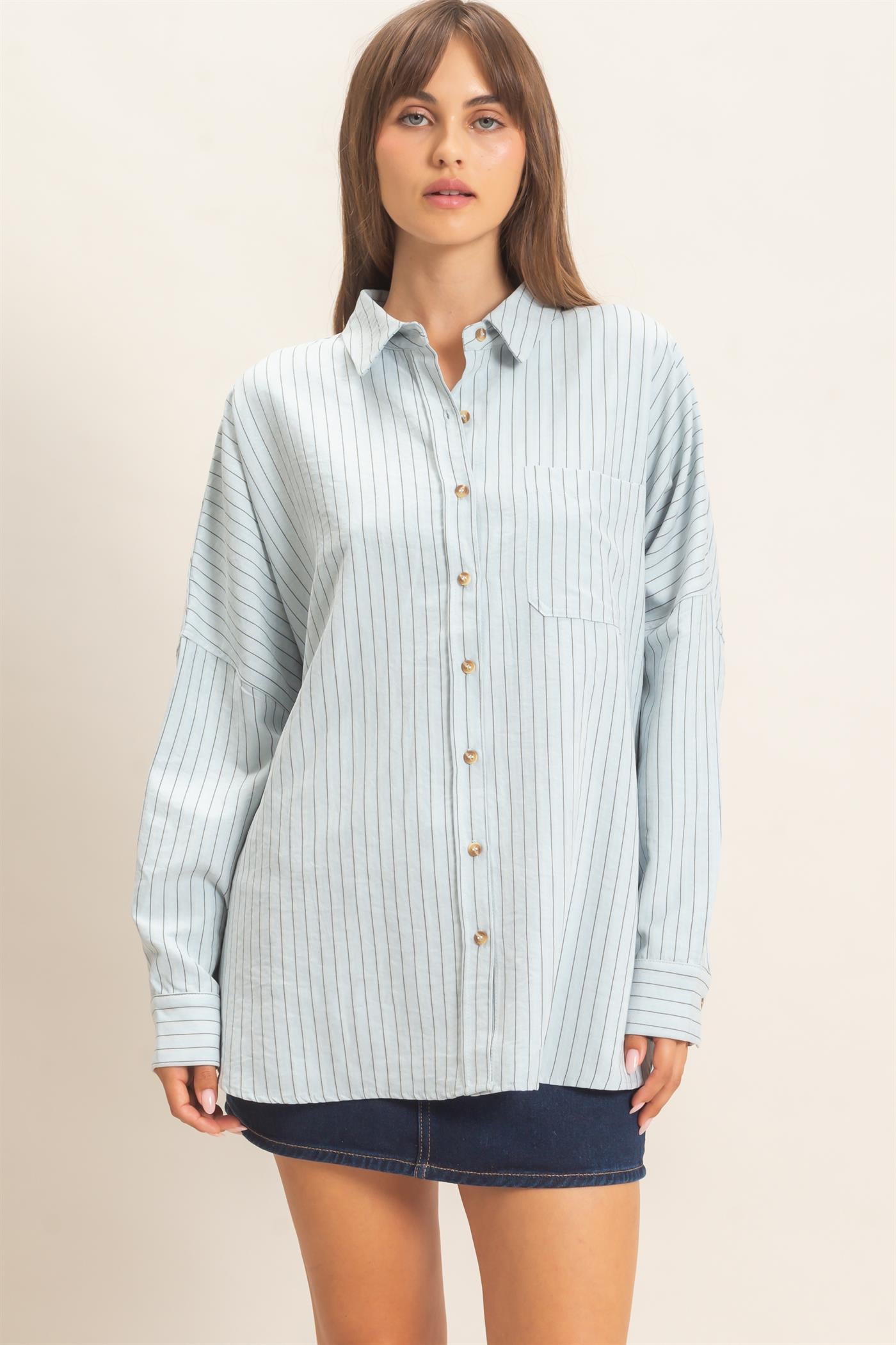 Wholesale Striped Button-Up Shirt Shirts HF26F134 BLUE HYFVE