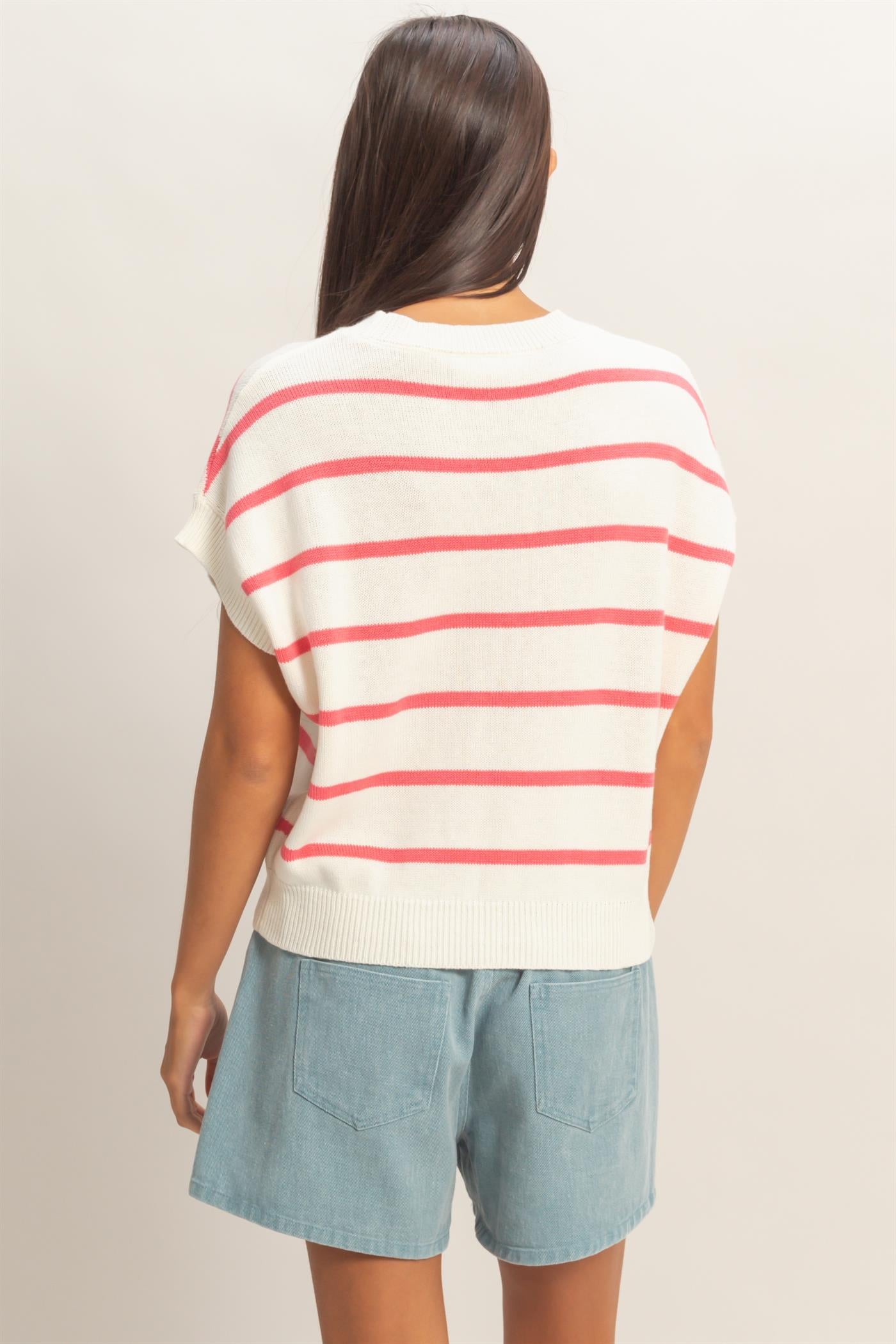 Wholesale Striped Crew Neck Knit Top Clothing Tops DZ26A740 TAFFY PINK DOUBLE ZERO