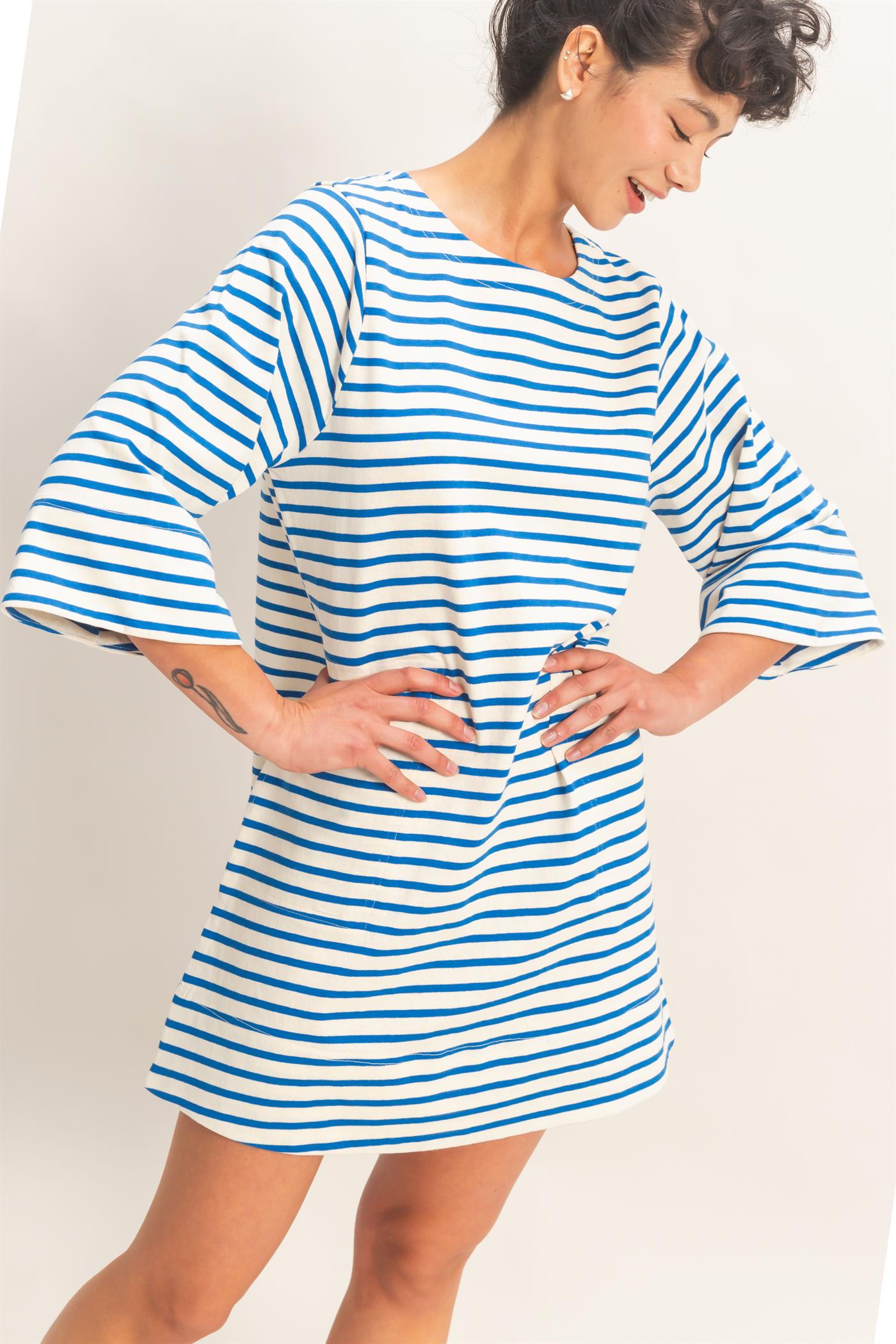 Wholesale Striped Round Neck Half-Sleeve Mini Dress Dresses DZ26A460 BLUE DOUBLE ZERO