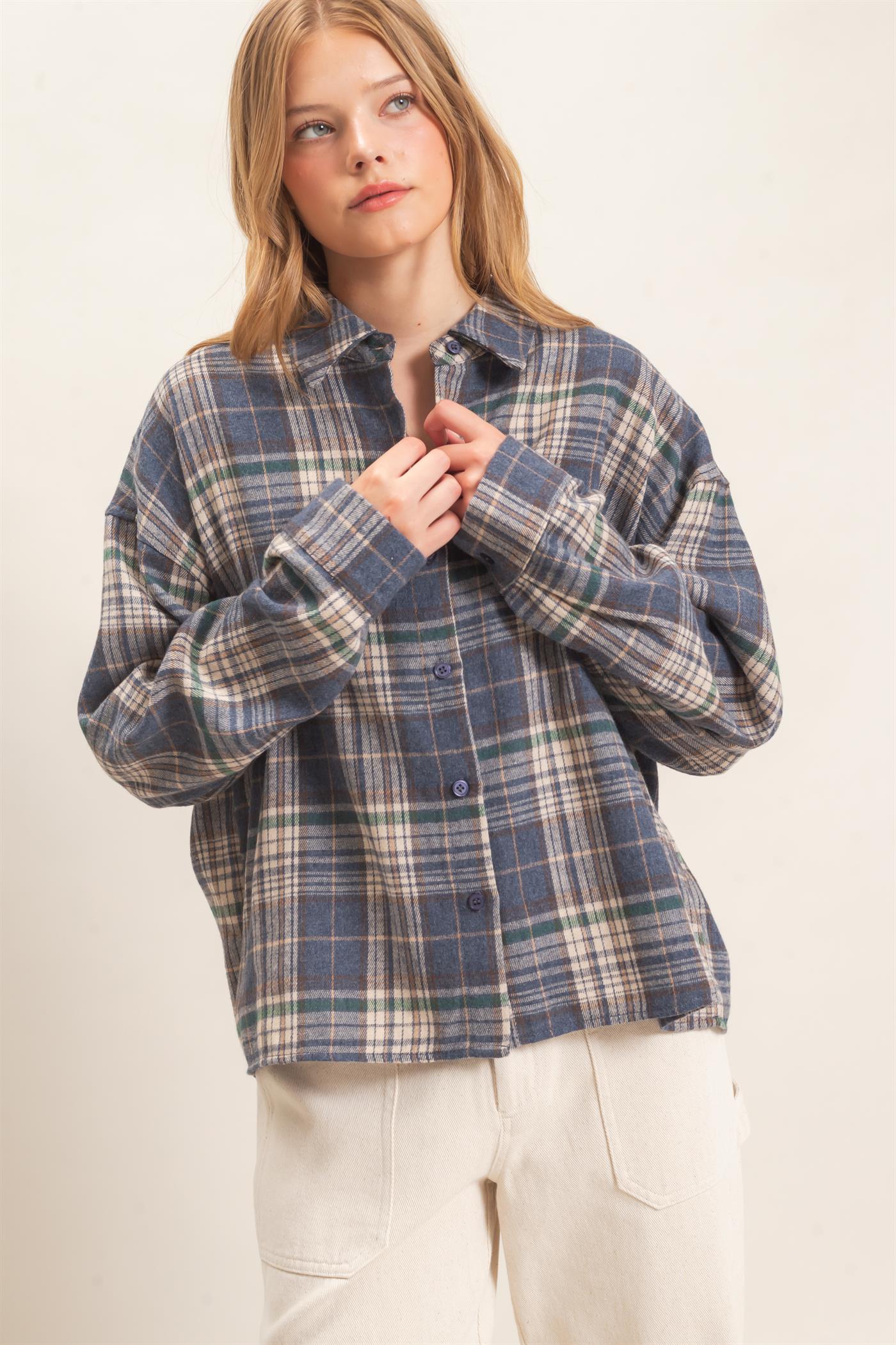 Wholesale Plaid Button-Up Shirt Clothing Tops HF26E467 BLUE HYFVE