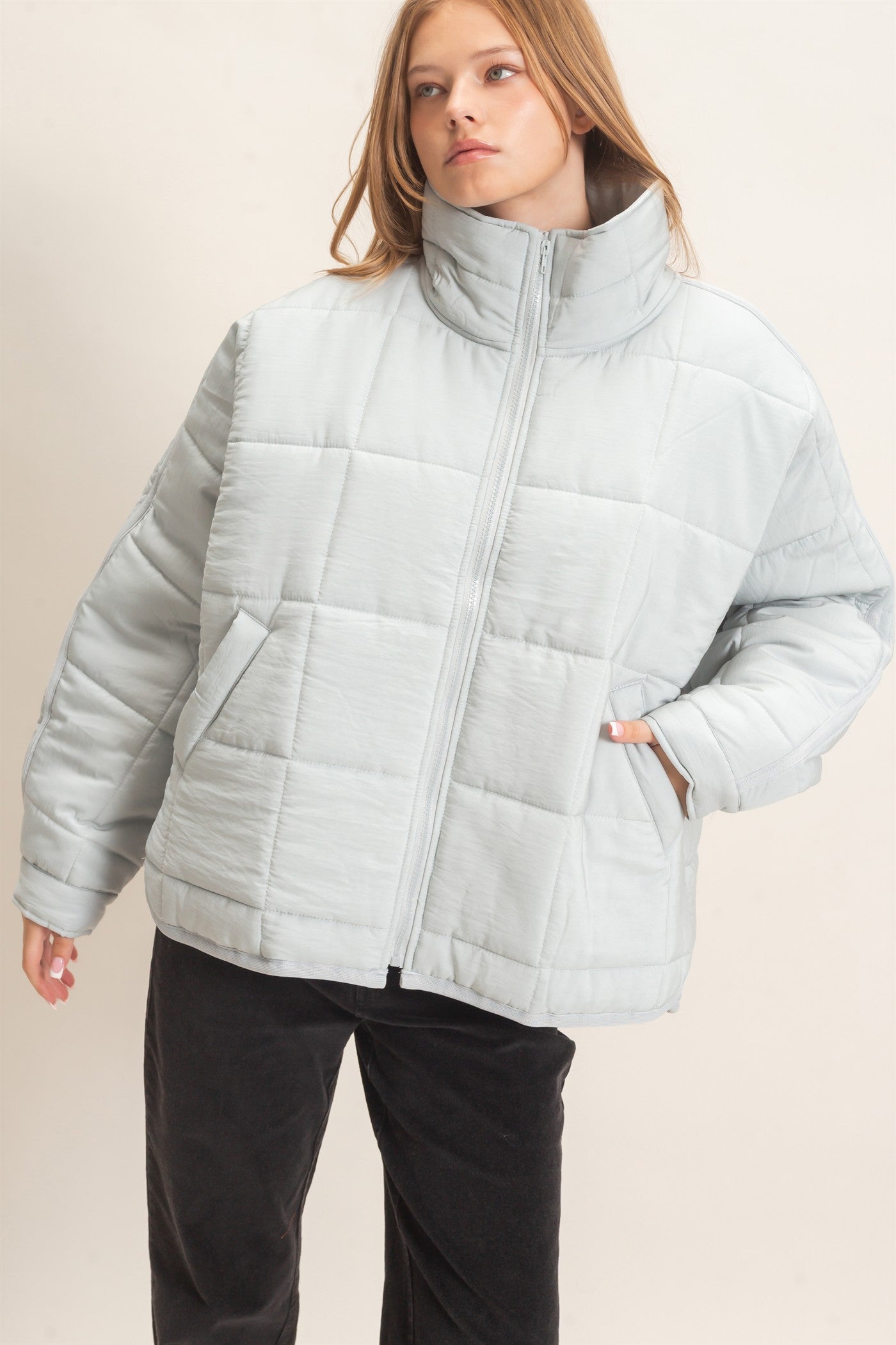 Wholesale Quilted Mock Neck Zip-Up Puffer Jacket Coats & Jackets HF26C865 DUSTY AQUA HYFVE