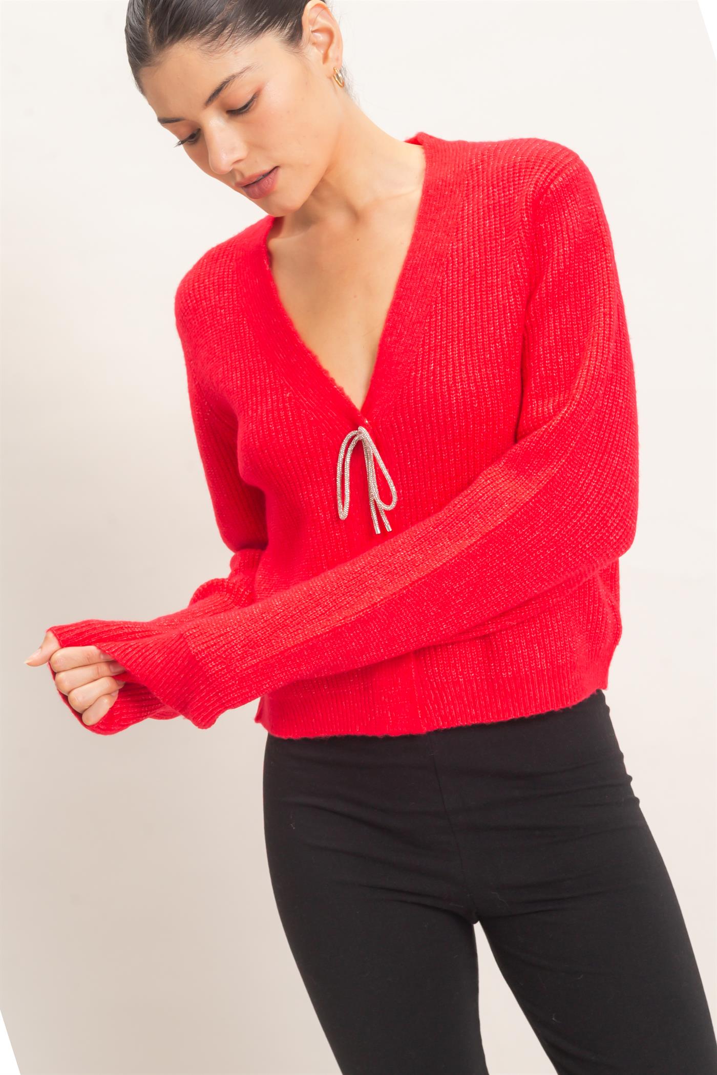 Wholesale Rhinestone Bow Tie-Front Sweater Cardigans HF26F183-D RED HYFVE