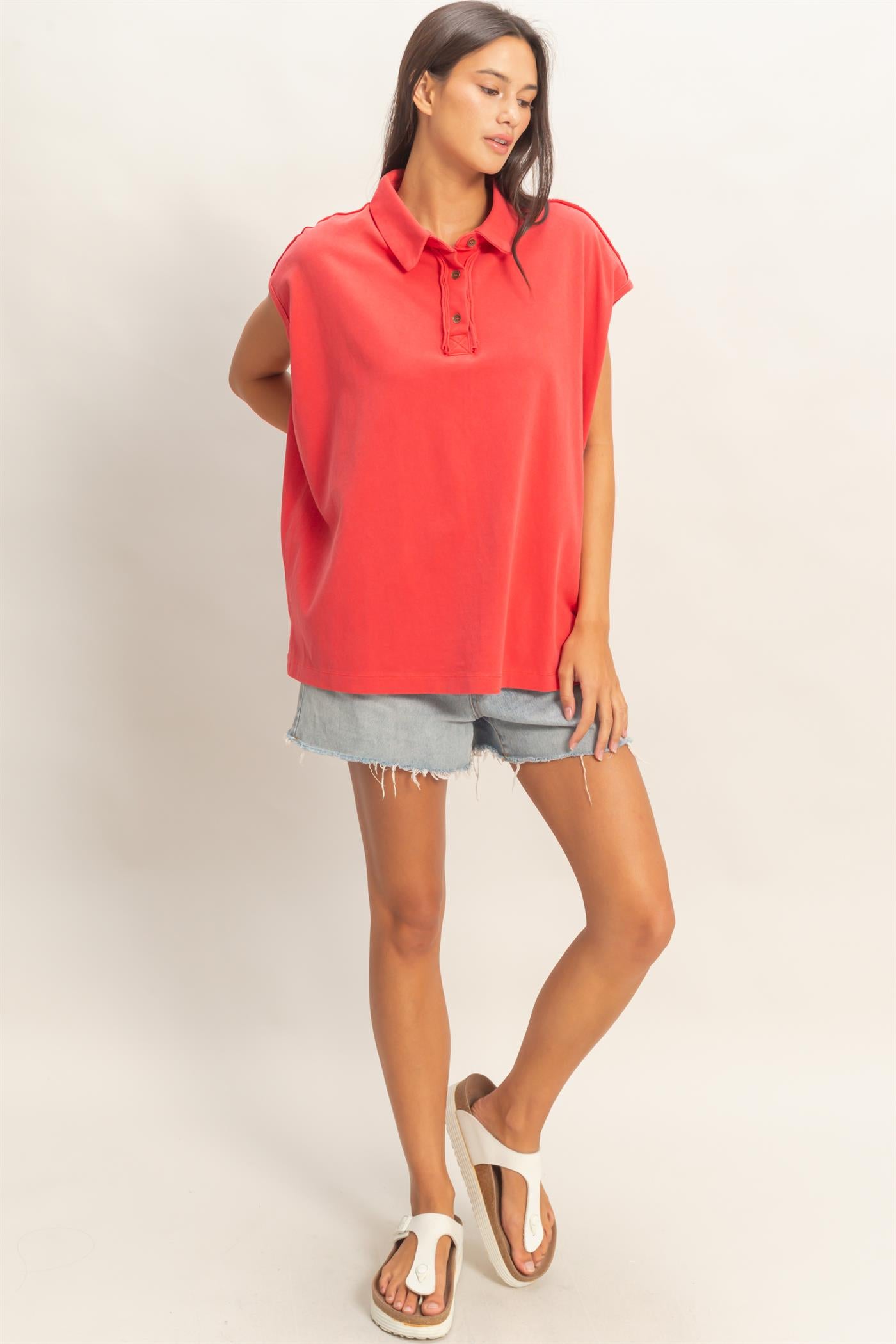 Wholesale Pigment Dye Sleeveless Polo Oversized Top Clothing Tops DZ26C618 RED DOUBLE ZERO