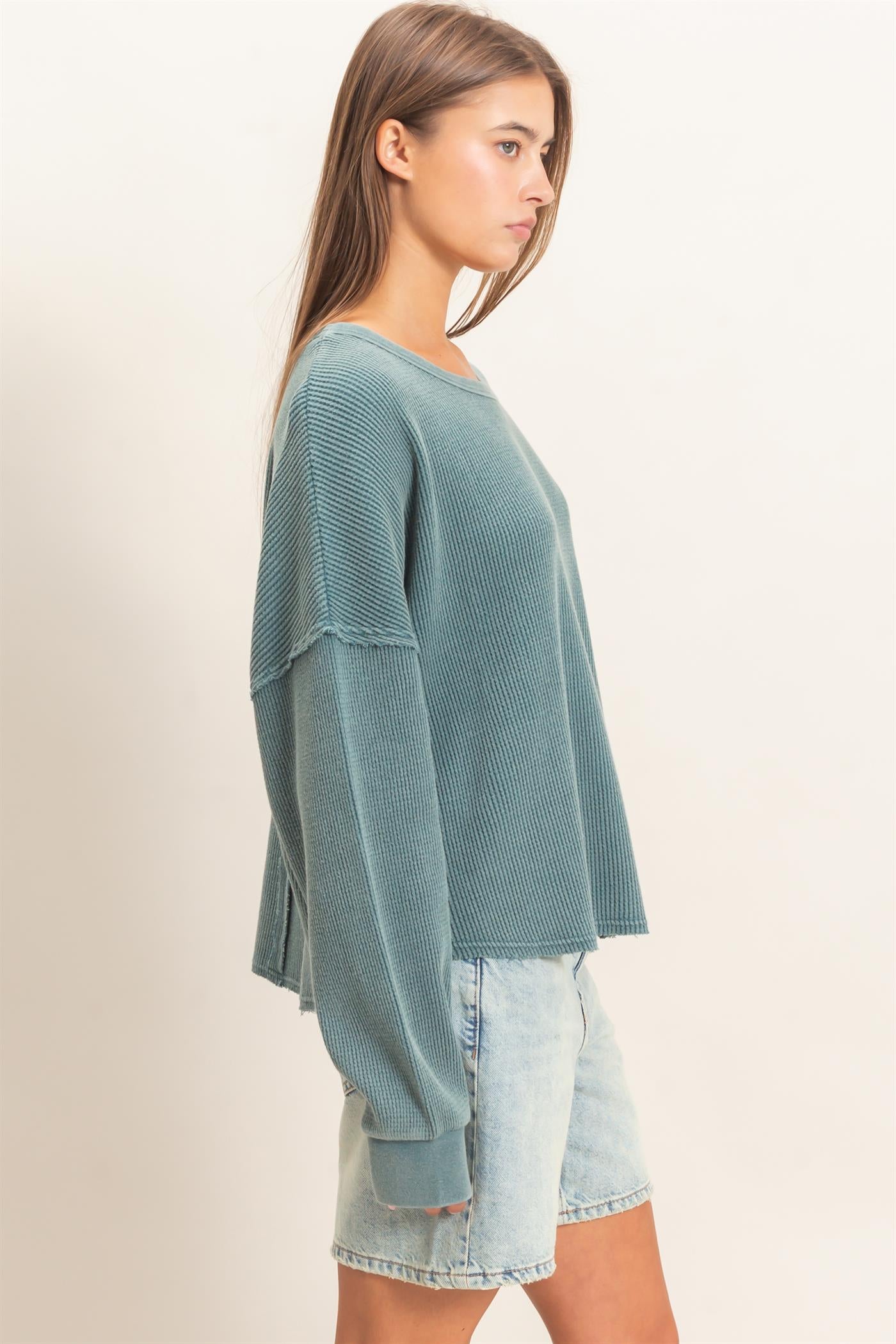 Wholesale Mineral Wash Waffle Oversized Top Clothing Tops DZ26E248 DARK TEAL DOUBLE ZERO