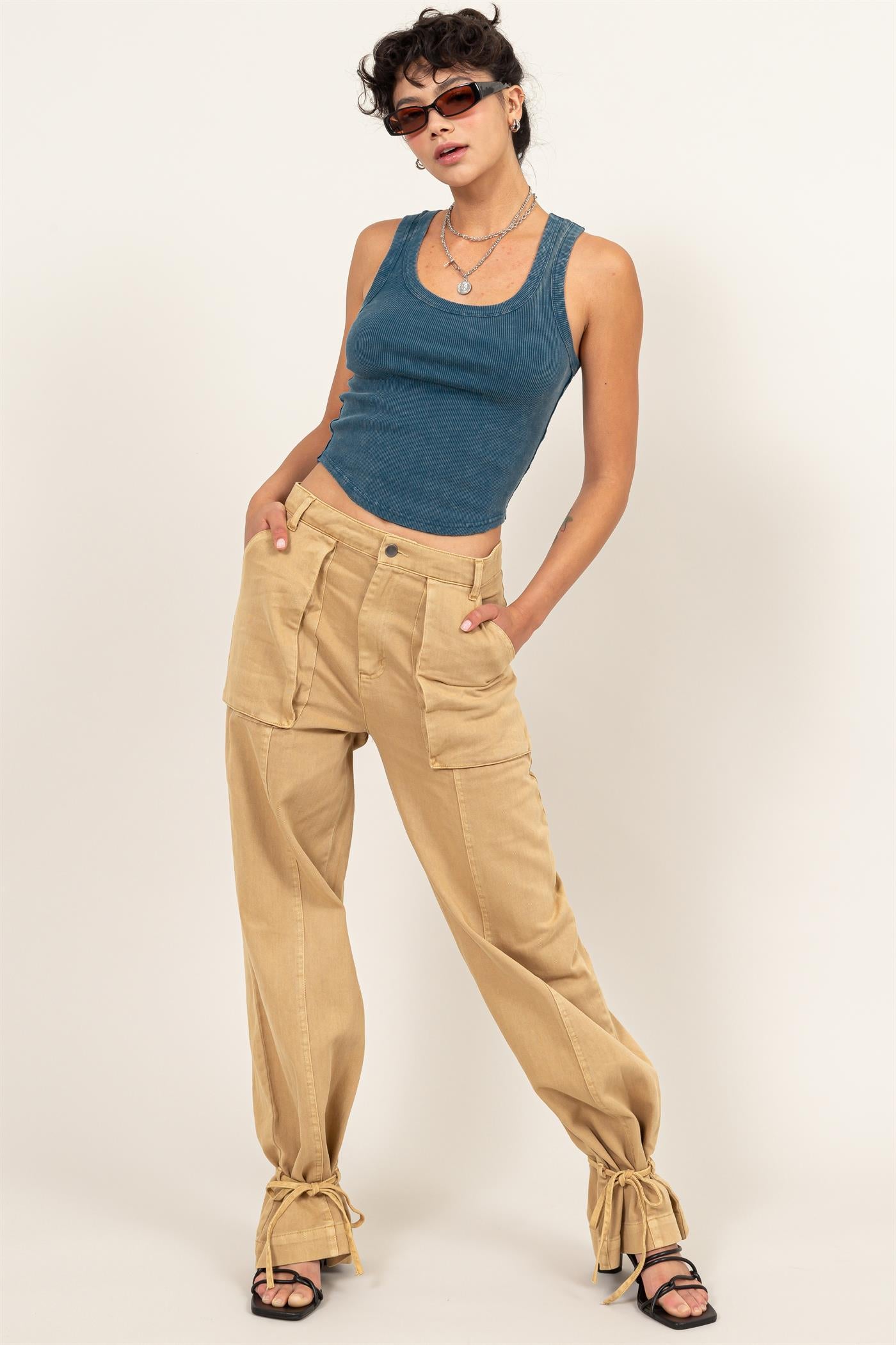 Wholesale High Rise Cargo Pants With Ankle Ties Pants DZ24C156 SAND DOUBLE ZERO