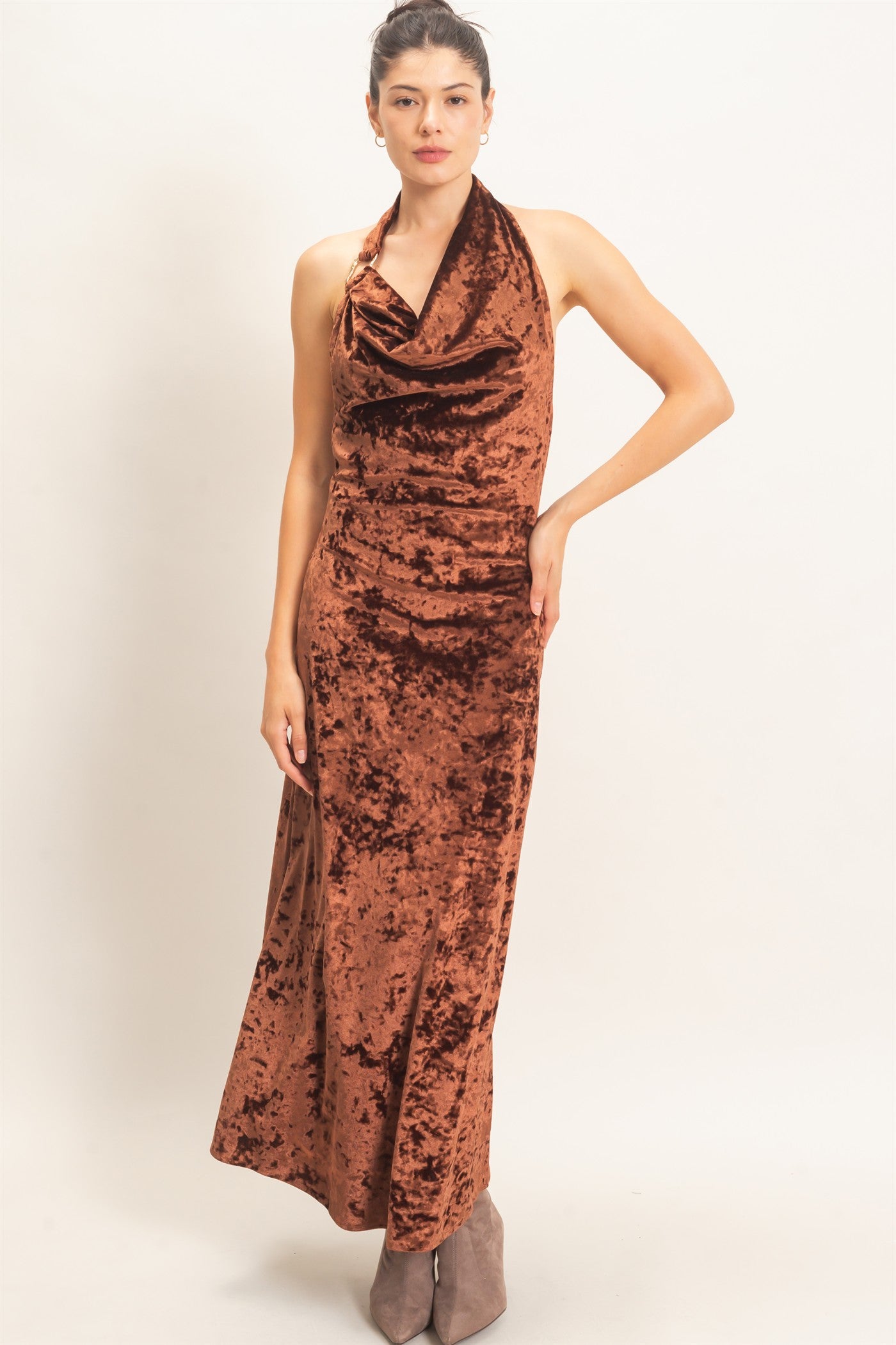 Wholesale Velvet Cowl Neck Halter Dress Dresses HF26F178 CHOCOLATE HYFVE