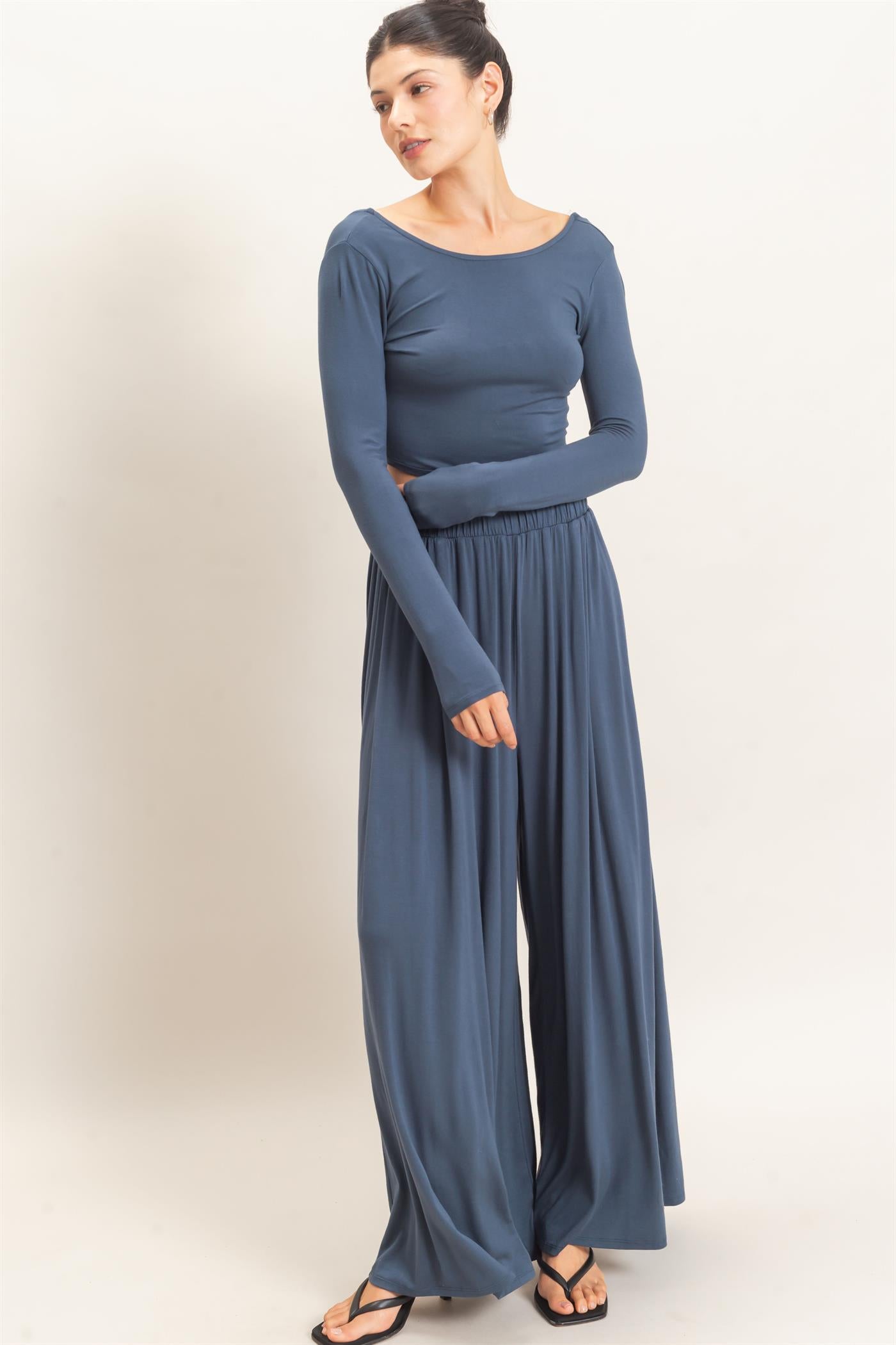 Wholesale Long Sleeve Top & Wide Leg Pants Set Clothing HF26F227-SET-D MIDNIGHT BLUE HYFVE