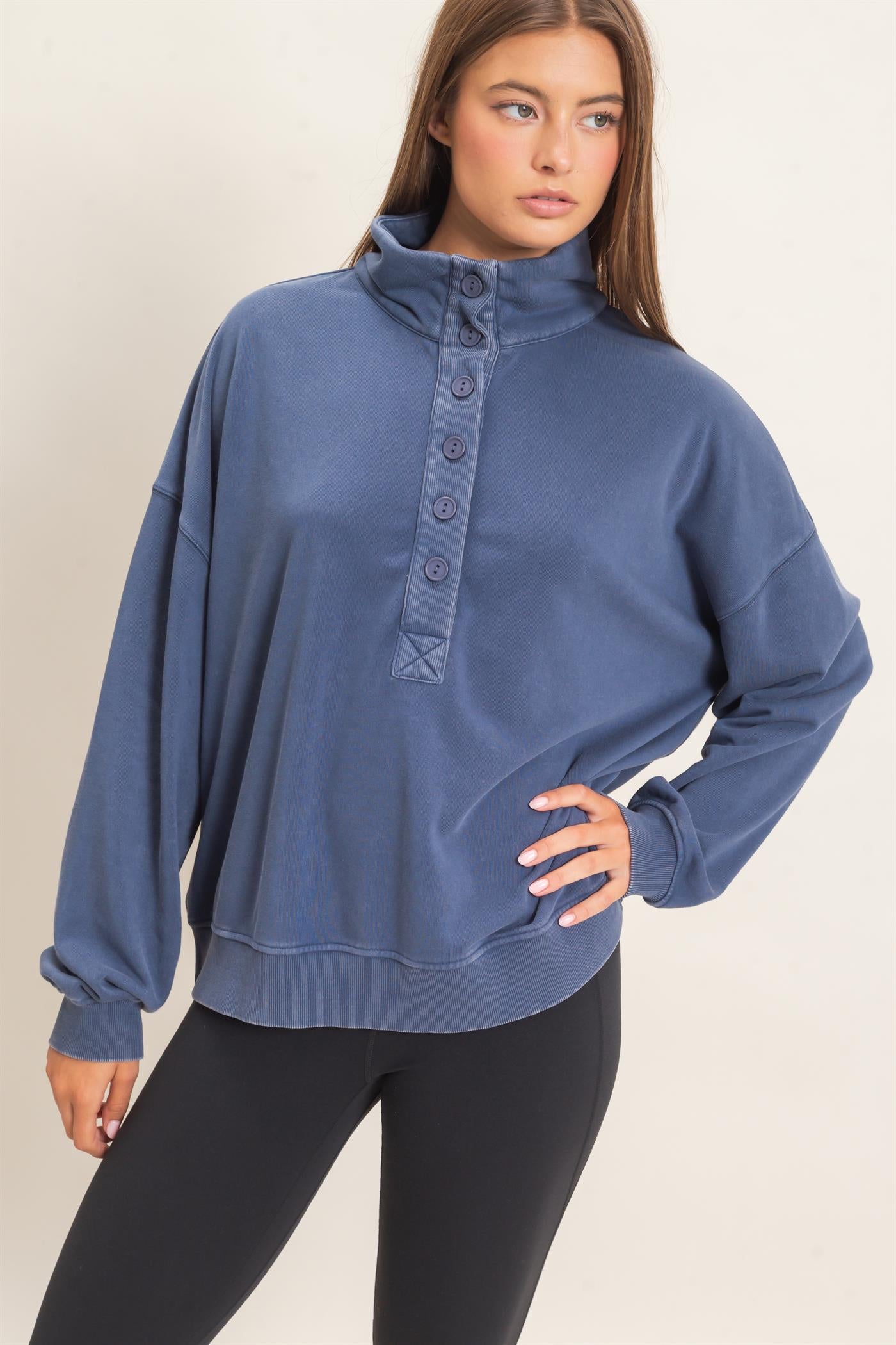 Wholesale Mineral Wash Button Front Sweatshirt Sweatshirts DZ26C909 NAVY DOUBLE ZERO