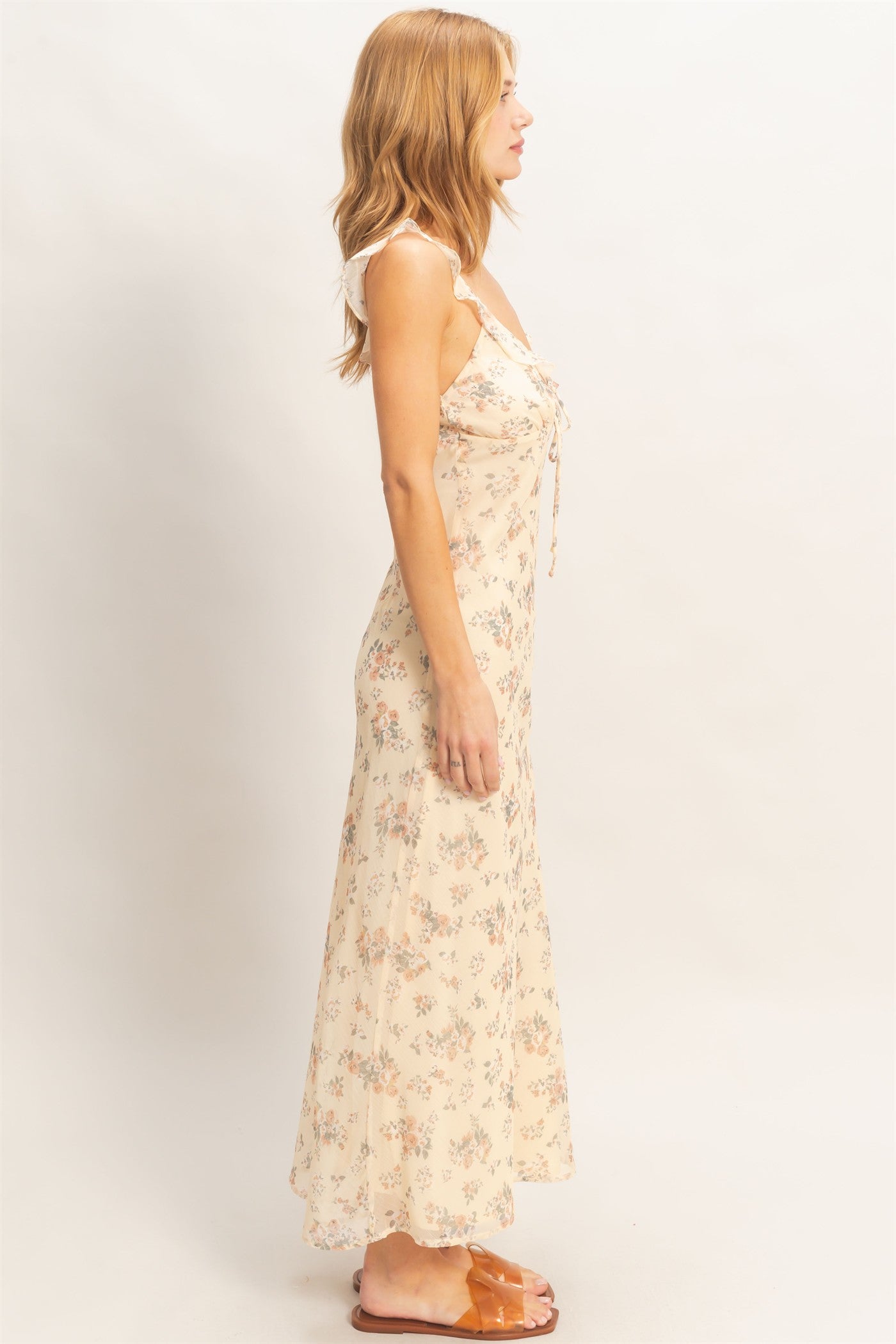 Wholesale Floral Ruffle Strap Midi Dress Dresses HF26E344 BUFF YELLOW HYFVE