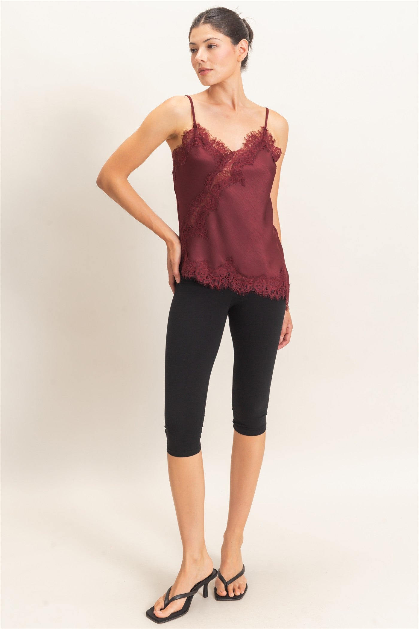 Wholesale Asymmetrical Satin Lace Top Camisoles HF26C945-D BURGUNDY HYFVE