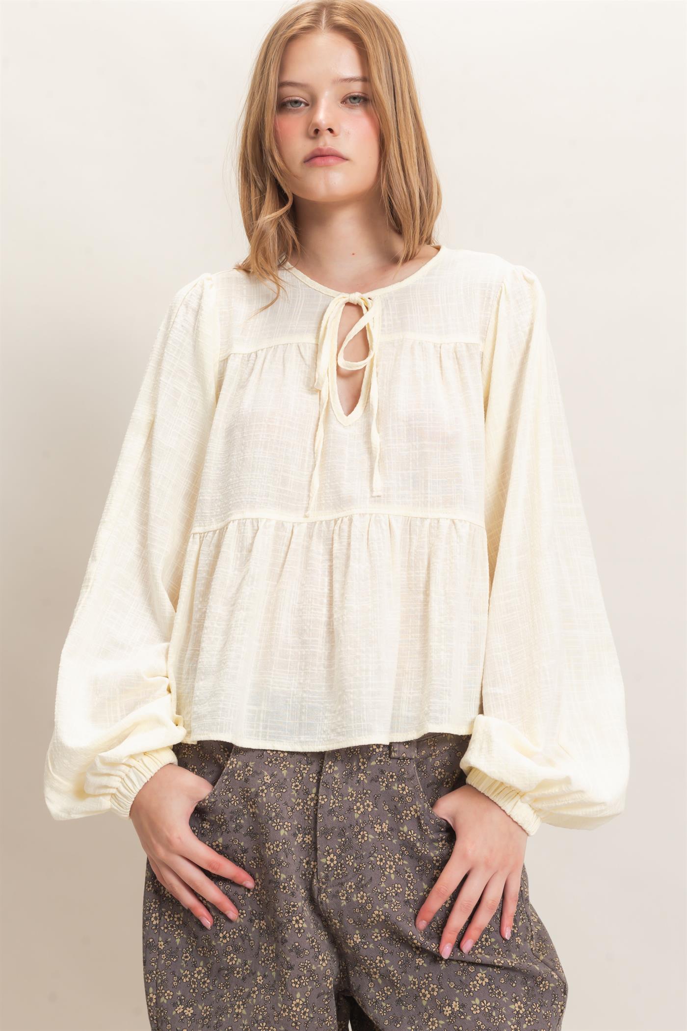 Wholesale Tie Front Peplum Blouse Blouses HF26F065 CREAM HYFVE