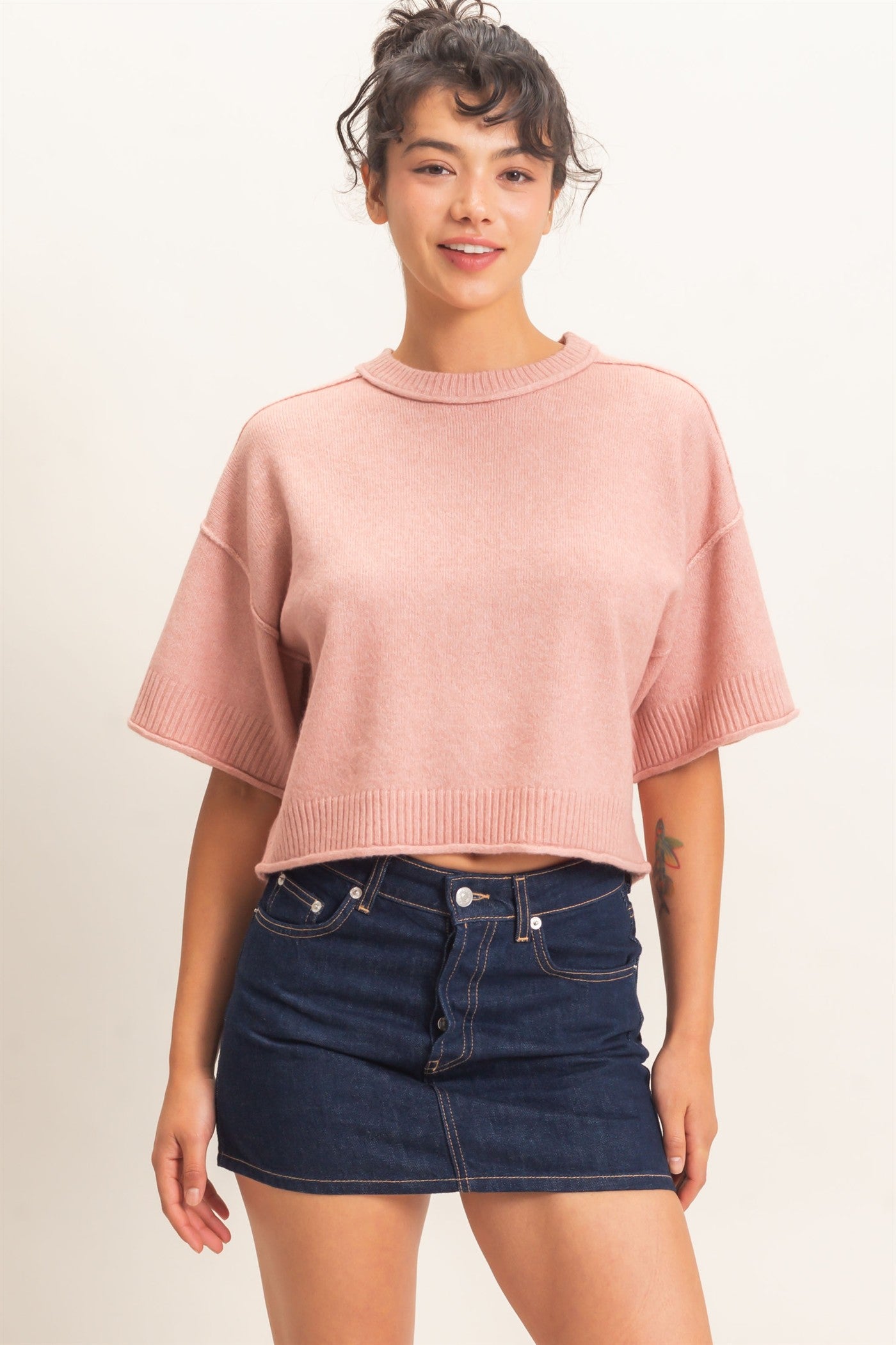 Wholesale Seam Detail Short Sleeve Knit Top Clothing Tops DZ26A827 DUSTY PINK DOUBLE ZERO