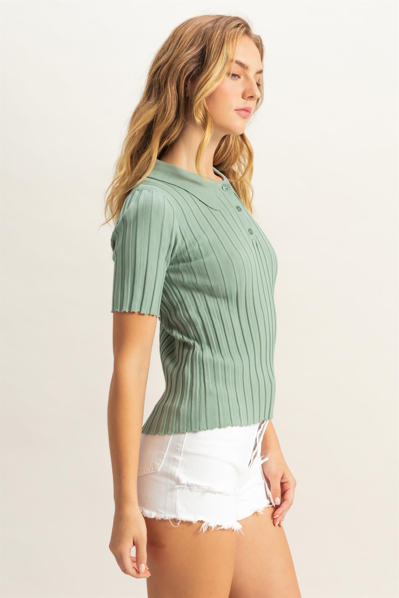 Wholesale Rib Knitted Short Sleeve Polo Top Clothing Tops DZ25C246 SAGE GREEN DOUBLE ZERO