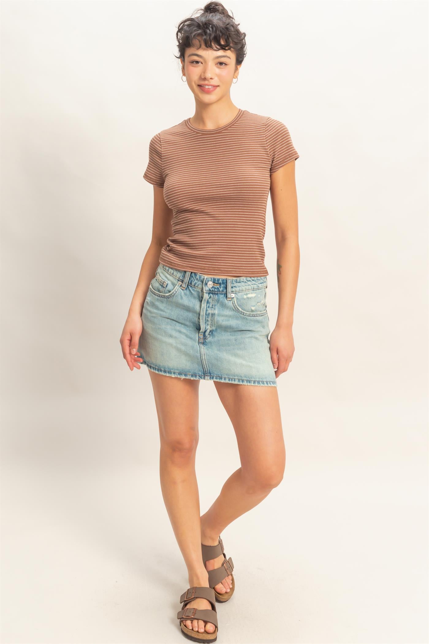 Wholesale Striped Ribbed Crew Neck Top Clothing Tops DZ26C281 BROWN DOUBLE ZERO