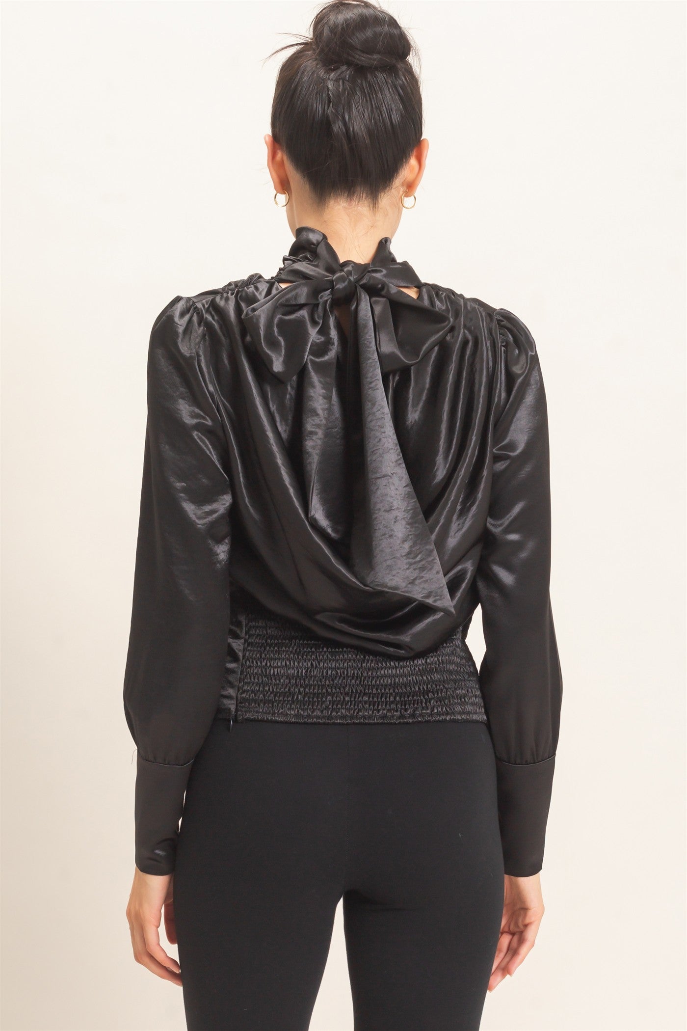 Wholesale Satin Cowl Back Blouse Blouses HF26F113 BLACK HYFVE