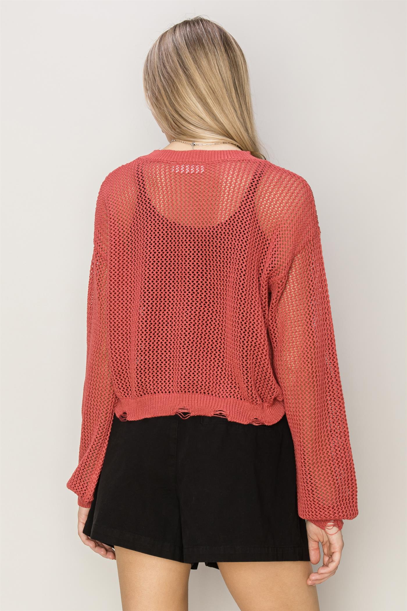 Wholesale Distressed Knit Sweater Clothing Tops DZ24C038 BRICK DOUBLE ZERO