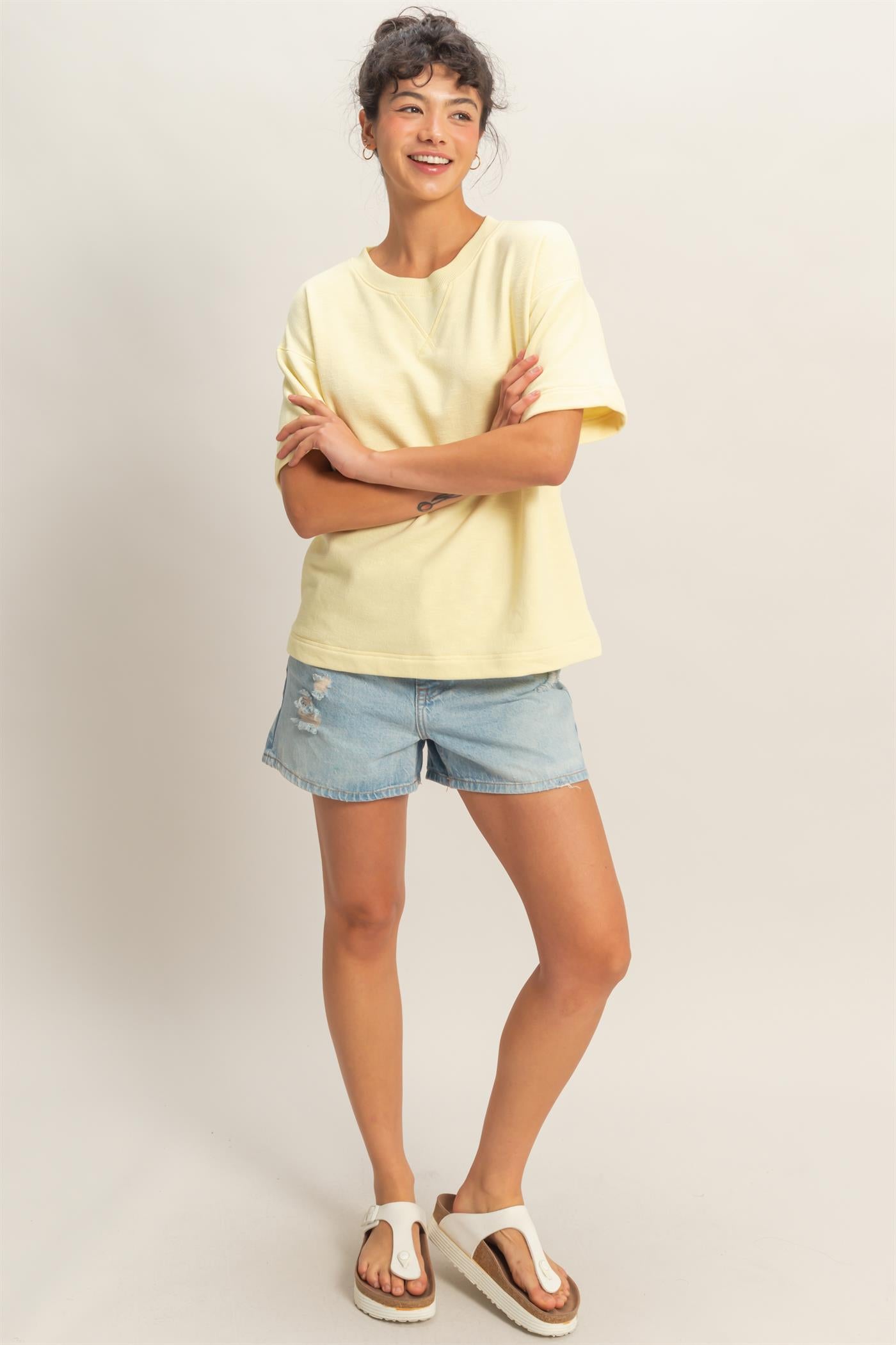 Wholesale Crew Neck Short Sleeve Top Clothing Tops DZ26A891 PALE YELLOW DOUBLE ZERO