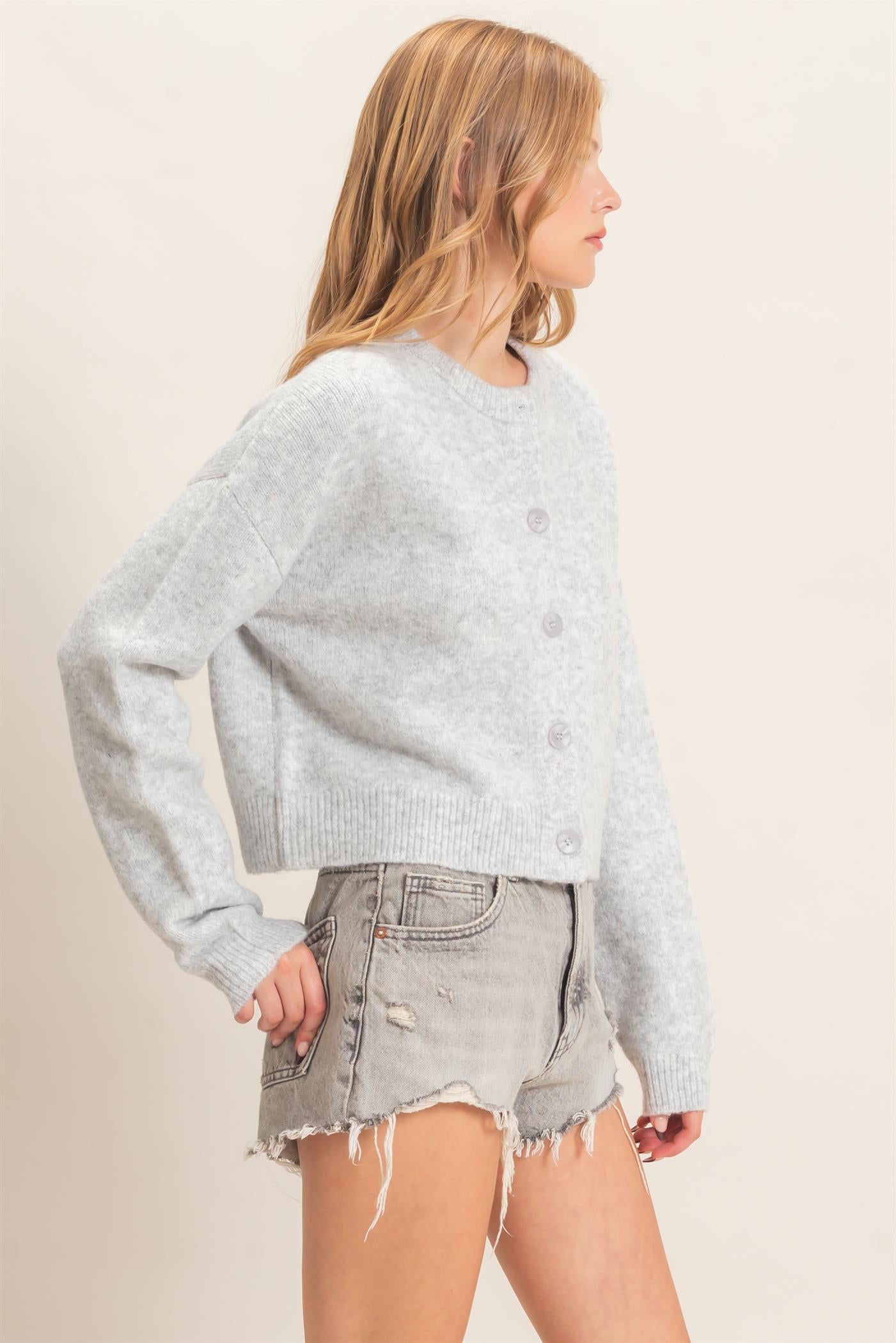 Wholesale Crew Neck Cardigan Sweater Cardigans HF26E226-D HEATHER GRAY HYFVE