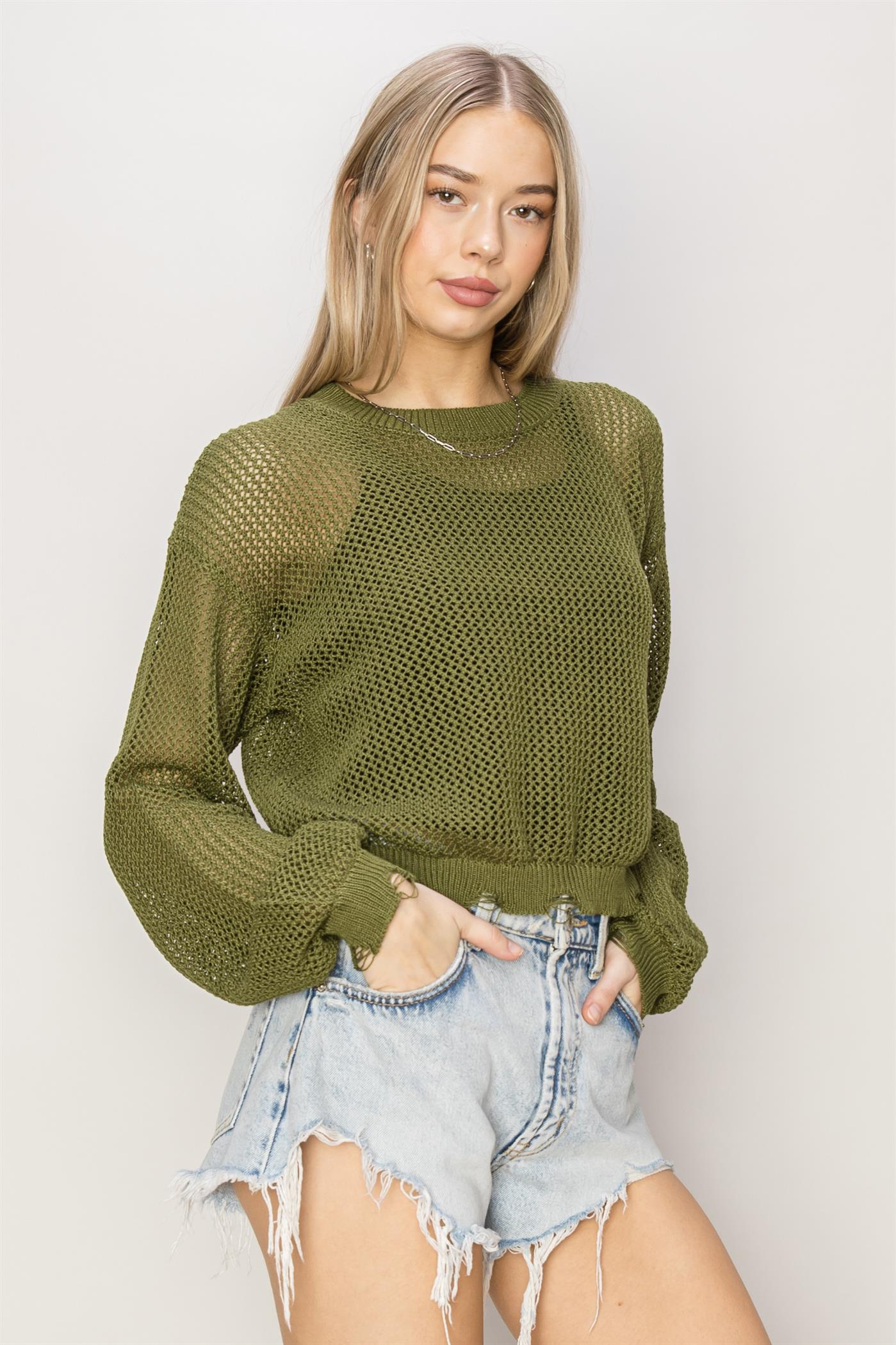 Wholesale Distressed Knit Sweater Clothing Tops DZ24C038 MOSS DOUBLE ZERO