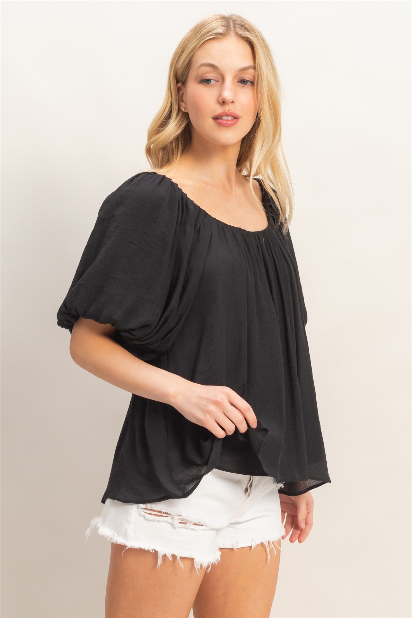 Wholesale Gathered Puff Sleeve Blouse Blouses HF26C307 BLACK HYFVE