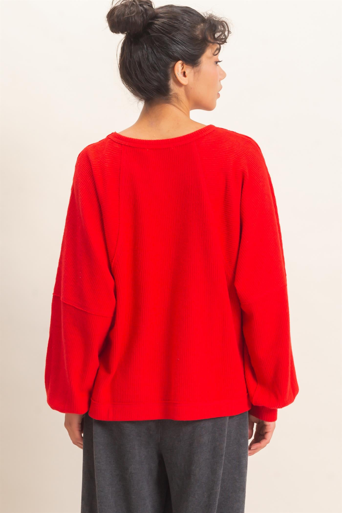 Wholesale Brushed Waffle Long Sleeve Top Clothing Tops DZ26F312 RED DOUBLE ZERO