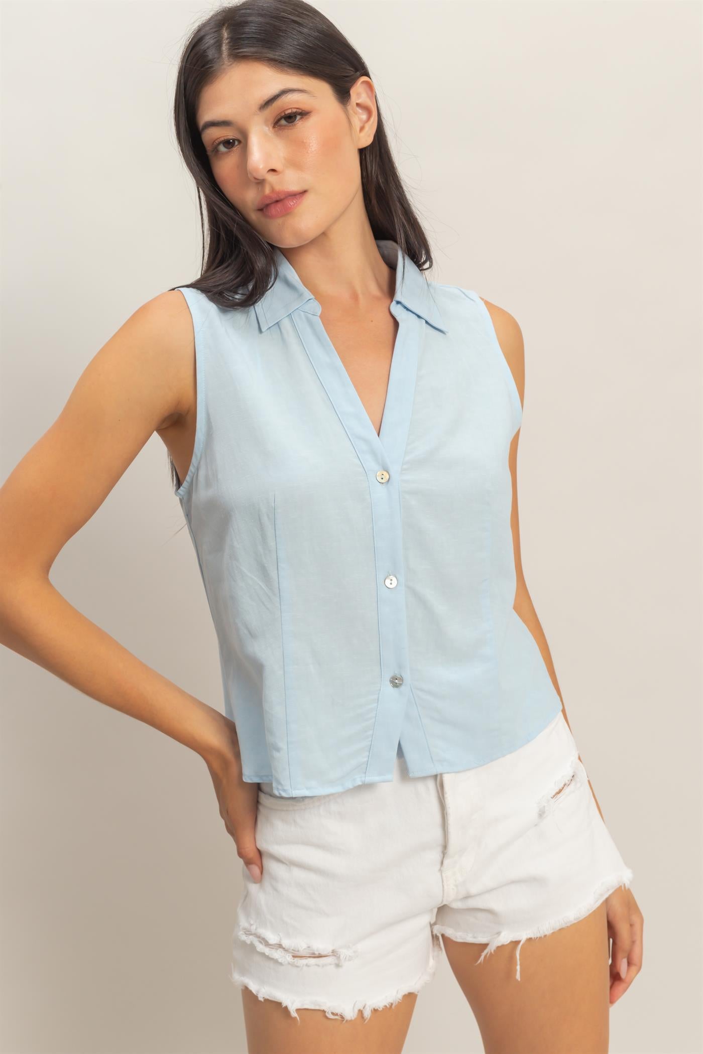 Wholesale Sleeveless Lyocell Linen Button Front Top Clothing Tops DZ26C189 ICE BLUE DOUBLE ZERO