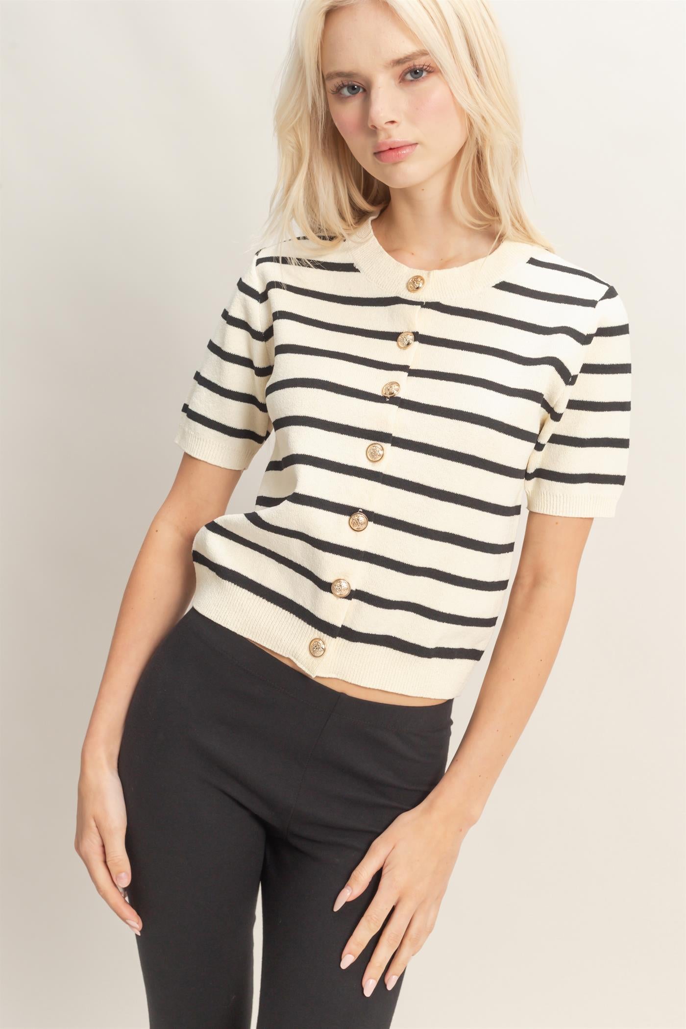 Wholesale Striped Short Sleeve Button Up Cardigan Cardigans DZ26A604 BLACK DOUBLE ZERO