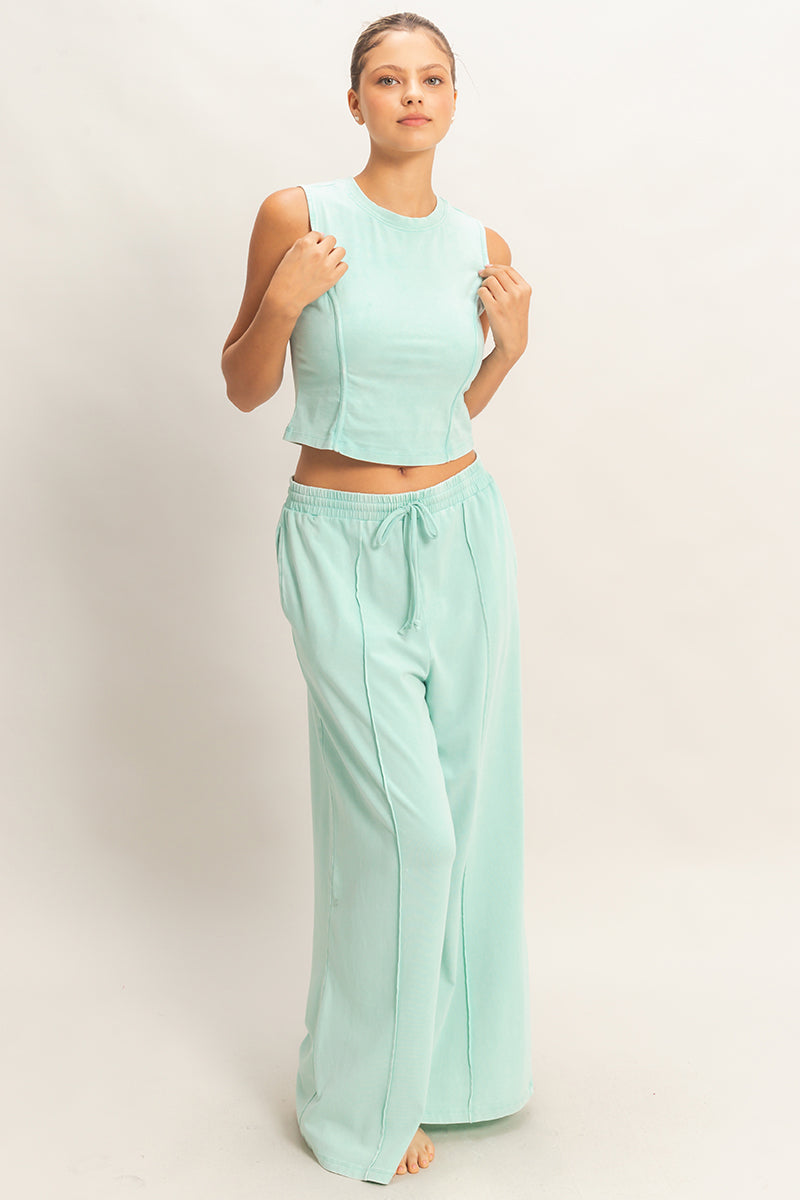 Wholesale Mineral Washed Sleeveless Top & Wide Leg Pants Set Clothing DZ26A371-SET TURQUOISE DOUBLE ZERO